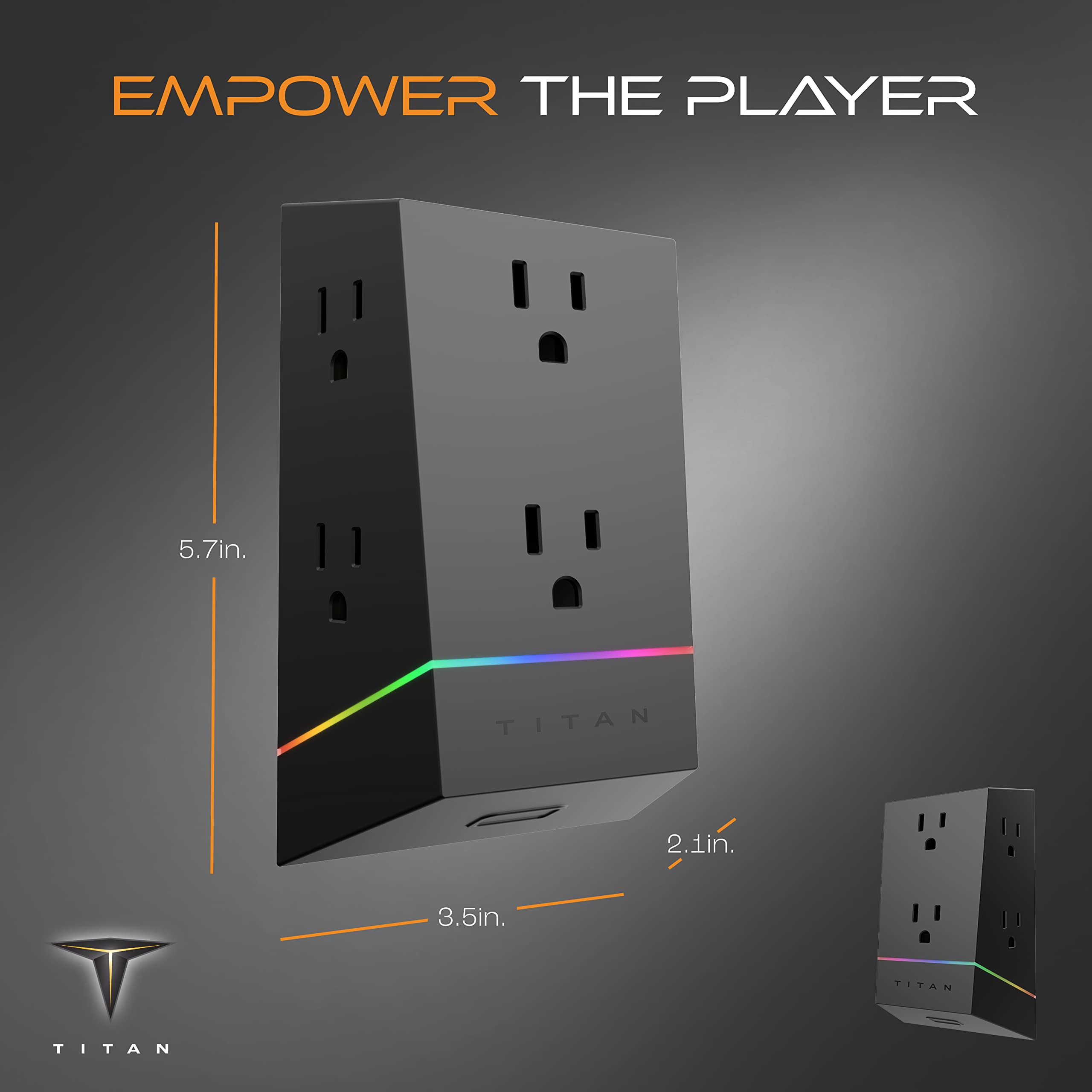 Titan 6-Outlet Surge Protector, LED Light Strip with Full Spectrum Color-Select, Outlet Extender, Compatible with Power Gaming PC, Laptop, Computer Setup, PS4, PS5, Xbox, Black, 57365