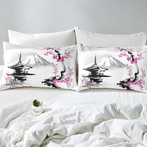 Miniatura 4 de Juego de ropa de cama japonesa de la montaña Fuji, juego de funda de edredón de la pagoda chureito con flor de cerezo rosa, para niños y niñas,