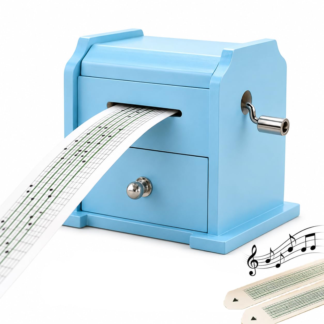 Carillon a manovella, Carillon con meccanismo in Legno da 15 Note, Coperchio Superiore e cassetto portaoggetti/Nastro per spartito/Nastro Vuoto/Perforatore, per la creazione di Melodie Personali Blue