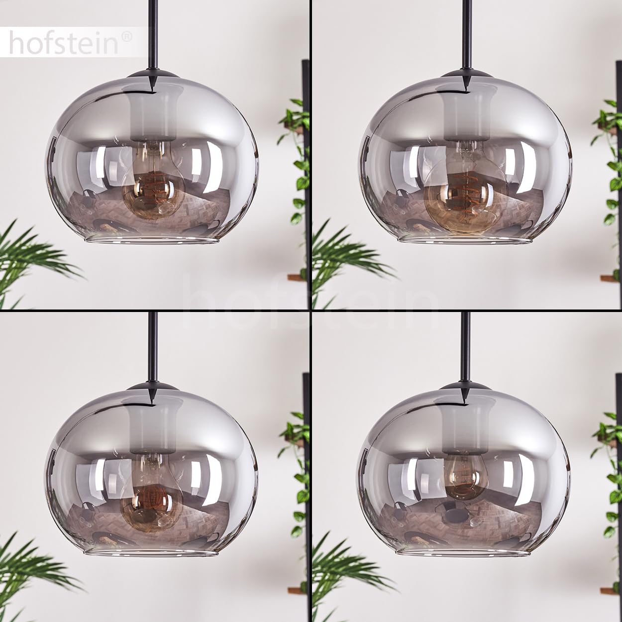 HOFSTEIN Suspension Apedo, 4 ampoules en métal/verre noir fumé, suspension moderne au design rétro/vintage, abat-jour Ø 20 cm, E27, salle à manger, cuisine, salon