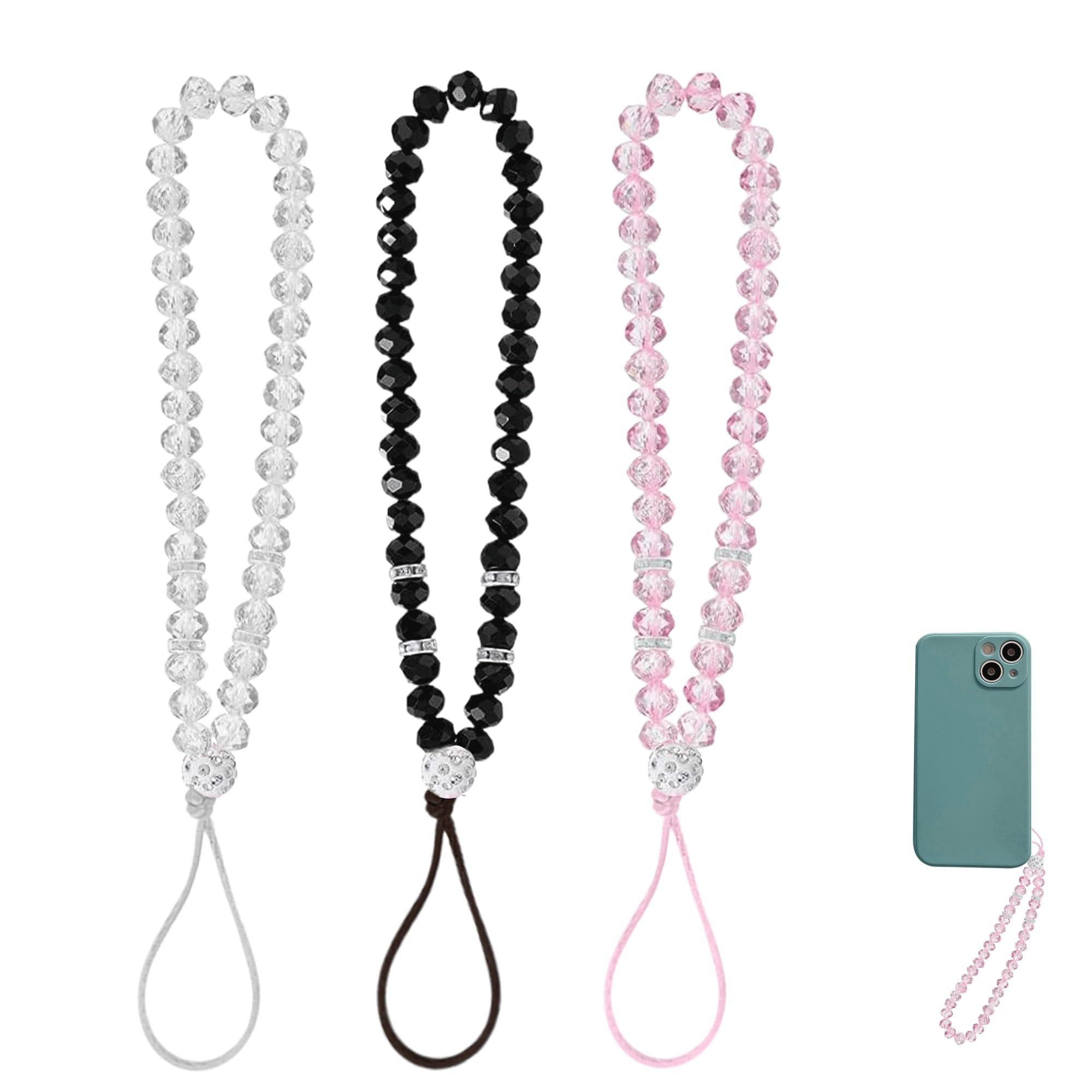 Shidara 3 Pcs Crystal Beaded Phone Charm Wrist Strap Set | Aesthetic Sparkling Mobile Phones Lanyard Bracelet | Cute Cell Phone Charm Wristlet | Beaded Keychain Strap for Women Girls (Multicolor)-image-15
