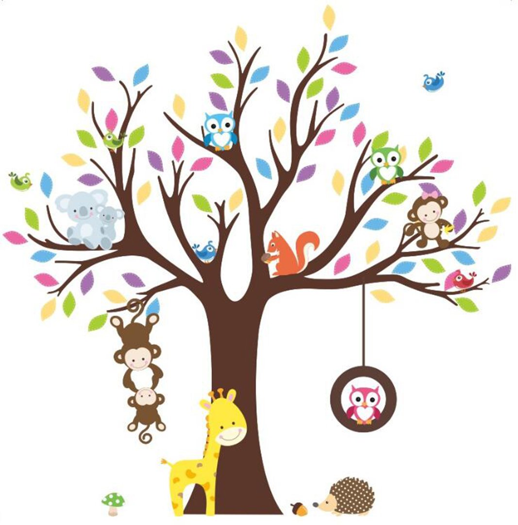 40” * 43” 3D DIY Cartoon Animal Monkey Owl Tree Wallpaper Wall Stickers for Home/Kids Room/Children Bedroom/Kindergarten Classroom Decoration -2 Styles (1)