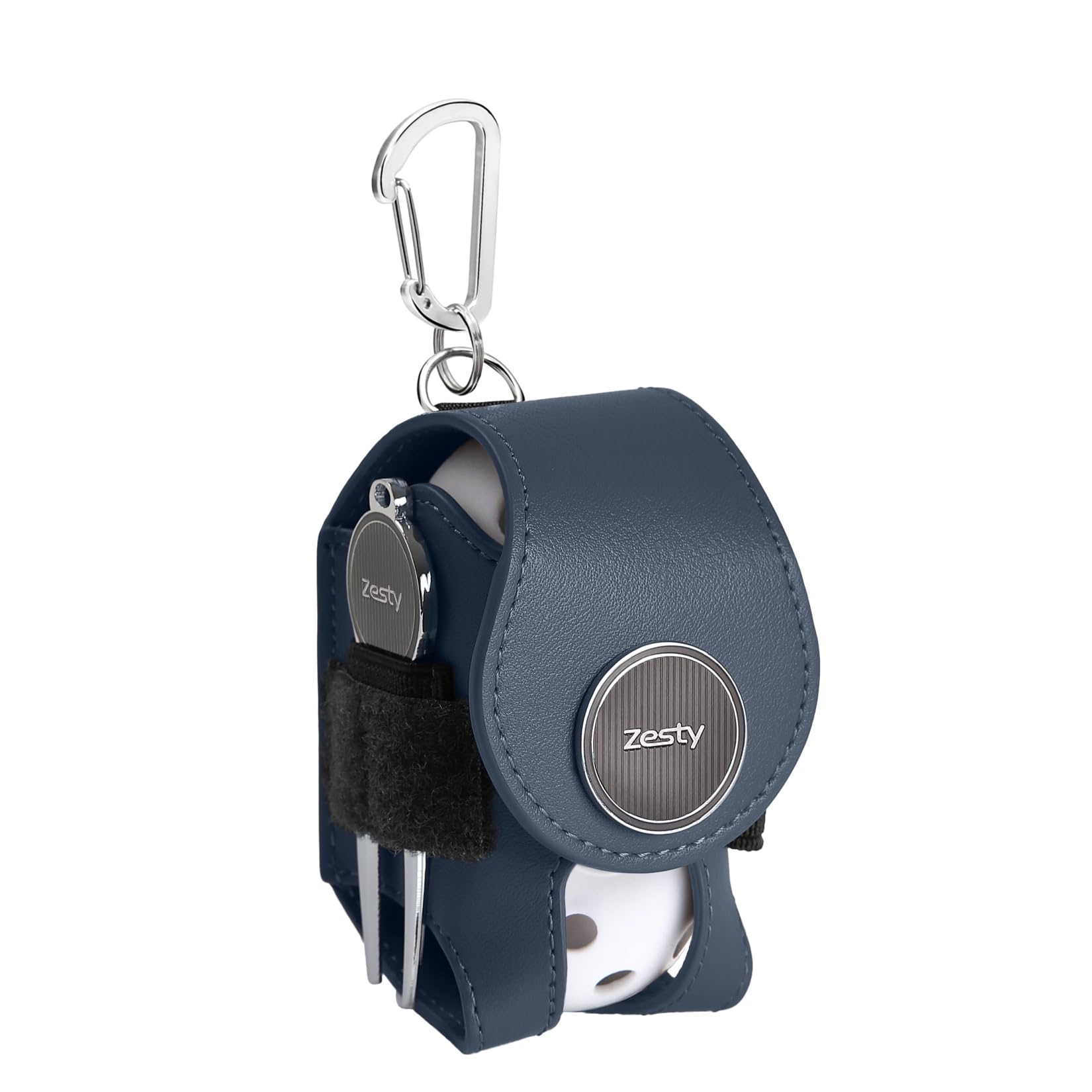 Zesty Golf Ball Case PU Leather Magnetic 2 Ball Pouch Navy Tee Holder