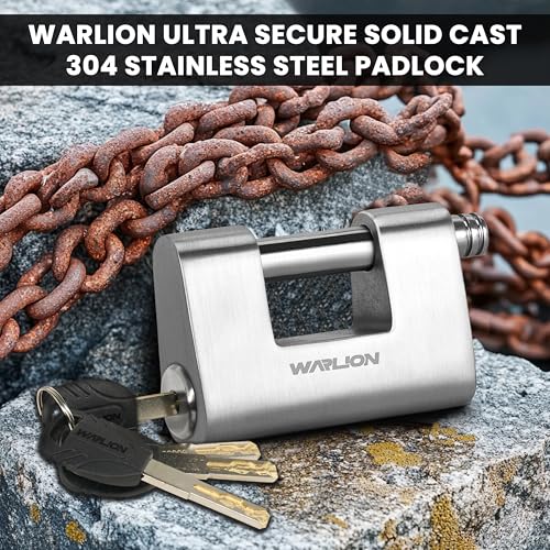 Image of WARLION Ultra Secure Heavy Duty Solid Stainless Steel Lock with 4 Keys & 7 /16 inch Uncuttable Shackle - Weatherproof Multi-Use Padlock for Container, Warehouse, Shed, Gate & 2-Wheeled Vehicles (No Chain)
