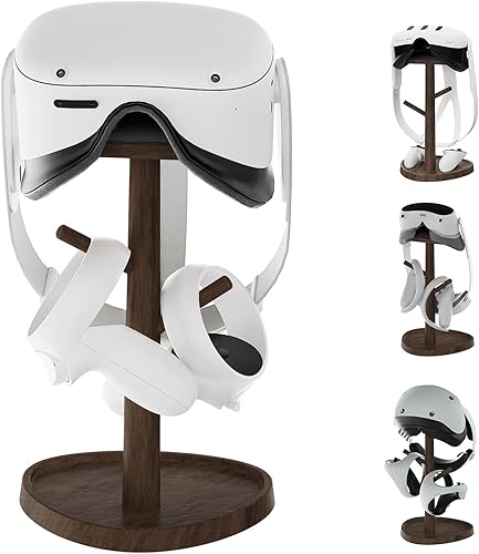 HiBloks VR Stand Accessories, Wooden Headset Display Holder & Touch Controller Mount Station for MetaOculus Quest 3, Quest 2, PSVR 2, Valve Index,