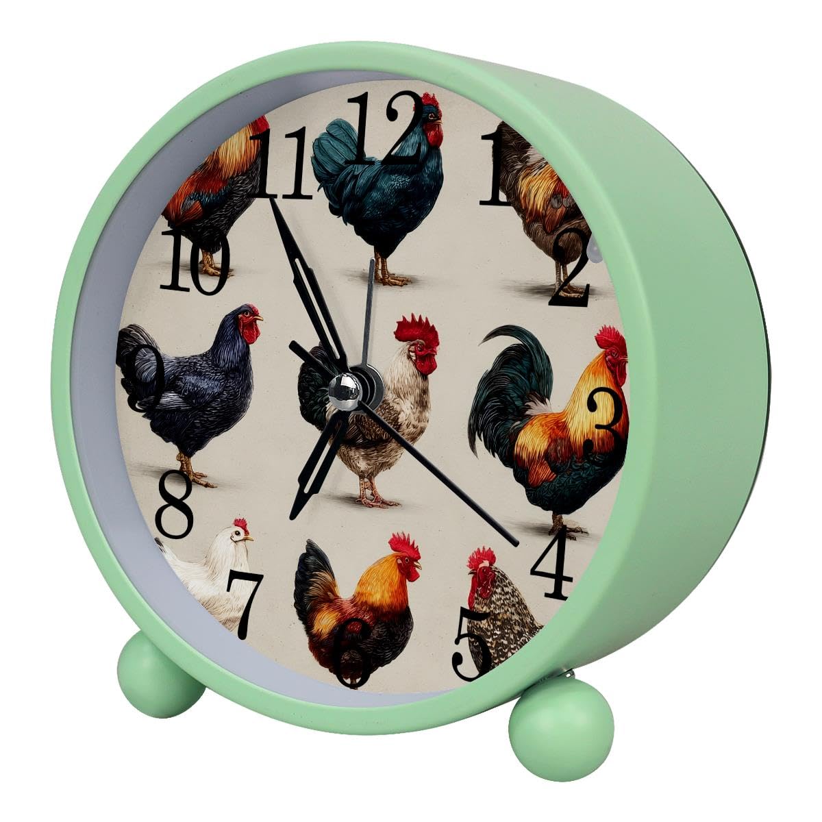 Luoweisi Alarm Clock Chicken Rooster Hen Breeds, Silent Non-Ticking with Night Light, Round Metal Alarm Clock for Office, Battery Operated, Bedroom, Elderly, Adults, Children, Student Gifts