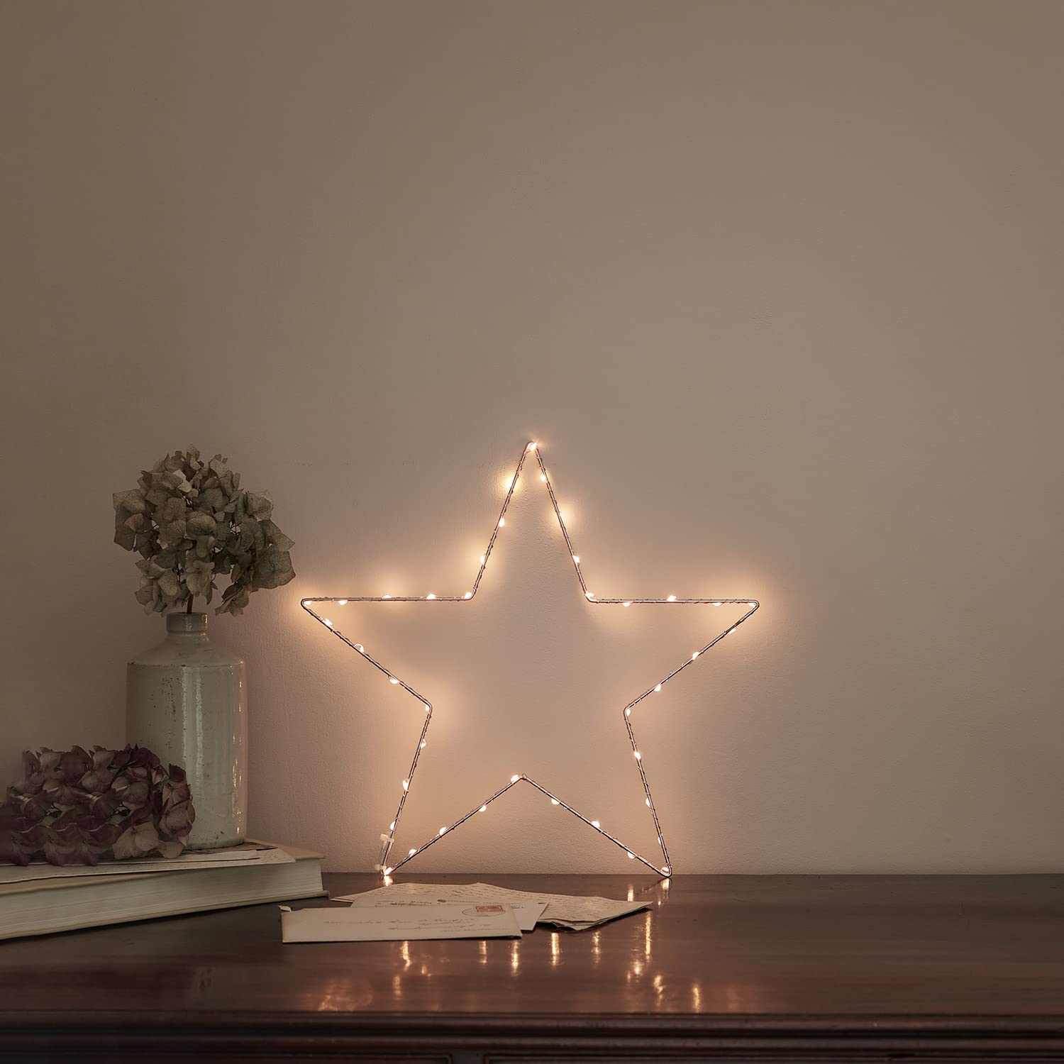 Lights4funChristmas Indoor Rose Gold Light Up Star Window Decoration with 40 Warm White LEDs Battery Operated Timer 35cm