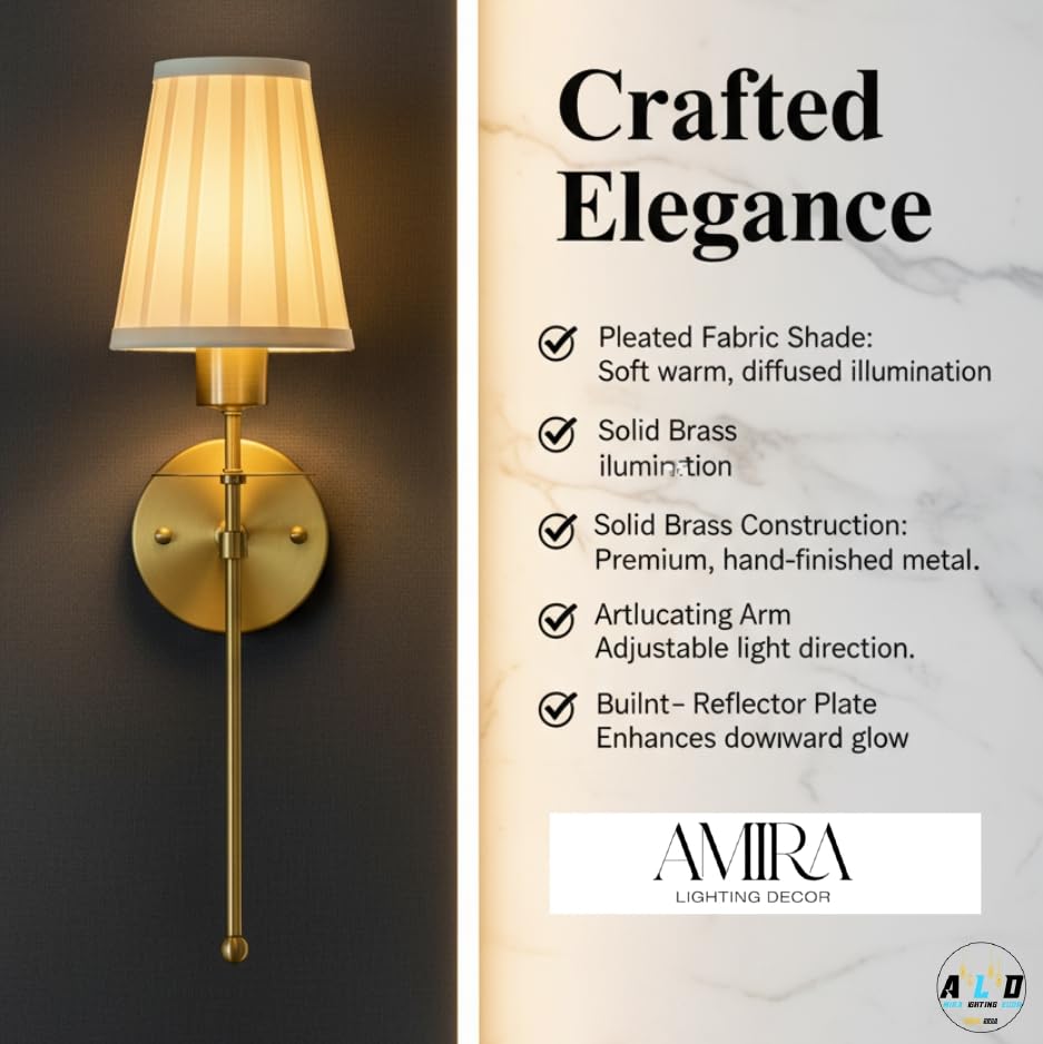 Image of Antique Gold Long Lamp with Cream Pleated Fabric Shade Lamp | Wall Lamp with Metal Frame | Decorative Lighting Fixture for Living Room, Bedroom, Hallway