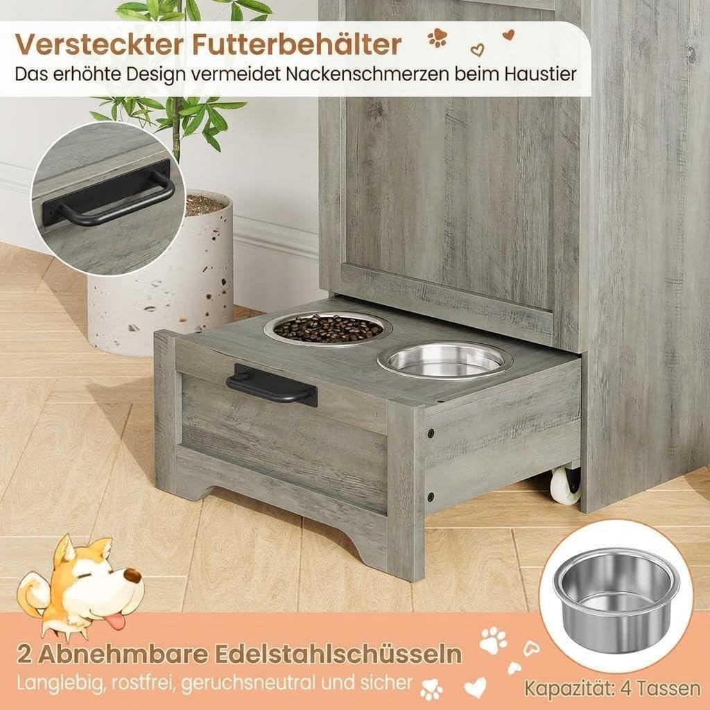 Comedero multifuncional para perros con armario de almacenamiento, cuencos elevados de acero inoxidable y ganchos para accesorios – Comedero de madera para perros y gatos para cocina o comedor