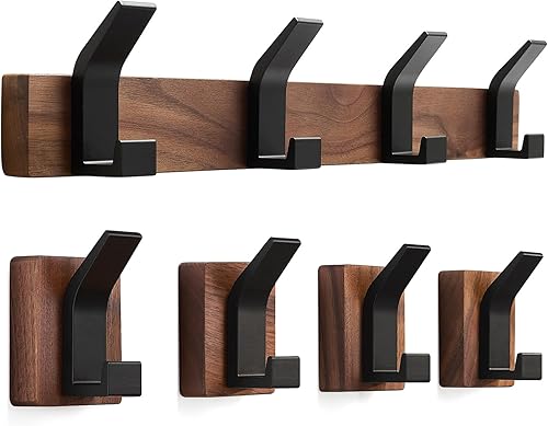 Ganchos para colgar en la pared, perchero con paquete de 4 ganchos de toalla resistentes para colgar en la pared, madera negra a prueba de óxido,