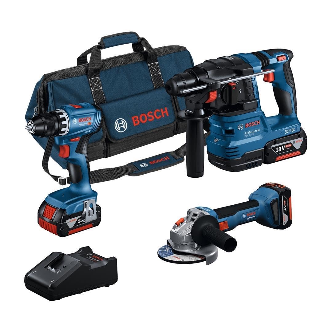 Kit 3 herramientas BOSCH 18V Taladro Destornillador GSR18V-​55 + Perforador GHB18V-​22 + Amoladora GWS18V-​7 + 3 baterías 18V - 4 + Cargador GAL 18V-​40 + Bolsa