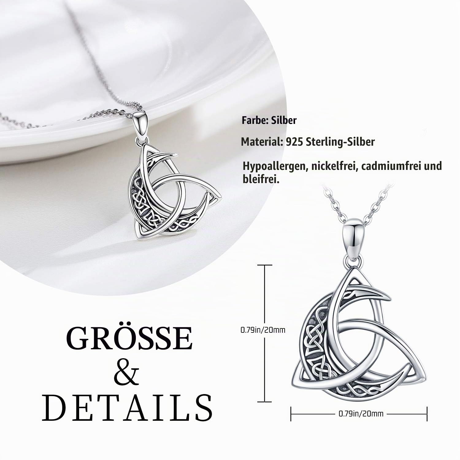 Midir&Etain Keltische Kette 925 Sterling Silber Keltische Mond Anhänger Halskette Keltischer Knoten Schmuck Geschenke für Damen Frauen Mädchen Männer
