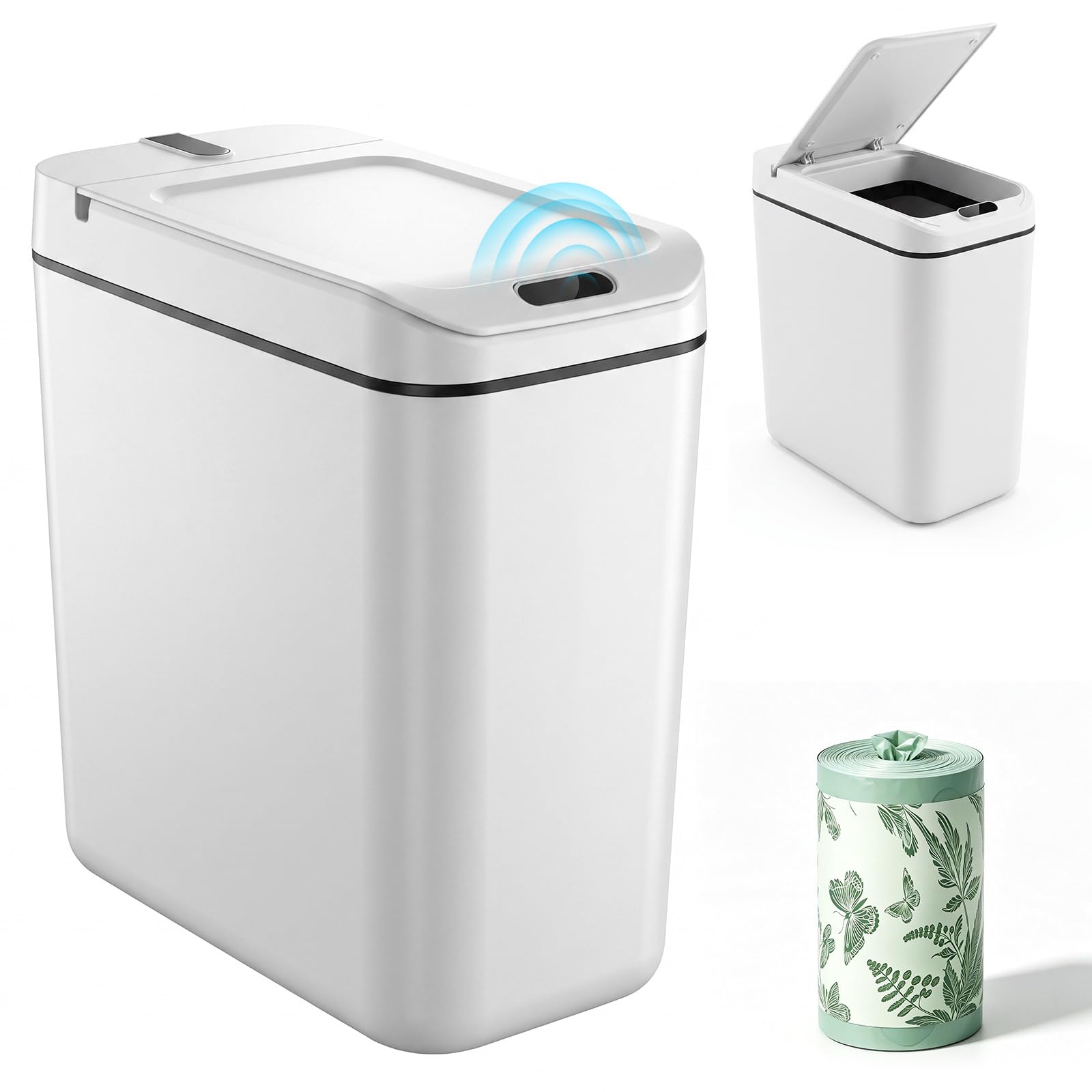 Sensor Bins Bathroom Trash Can - 15L Slim Smart Bathroom Bin with Flip Lid & Garbage Bags Automatic Bins for Kitchen Electric Waterproof Motion Sensor Bin Plastic Trash Can for Kitchen Bathroom Office