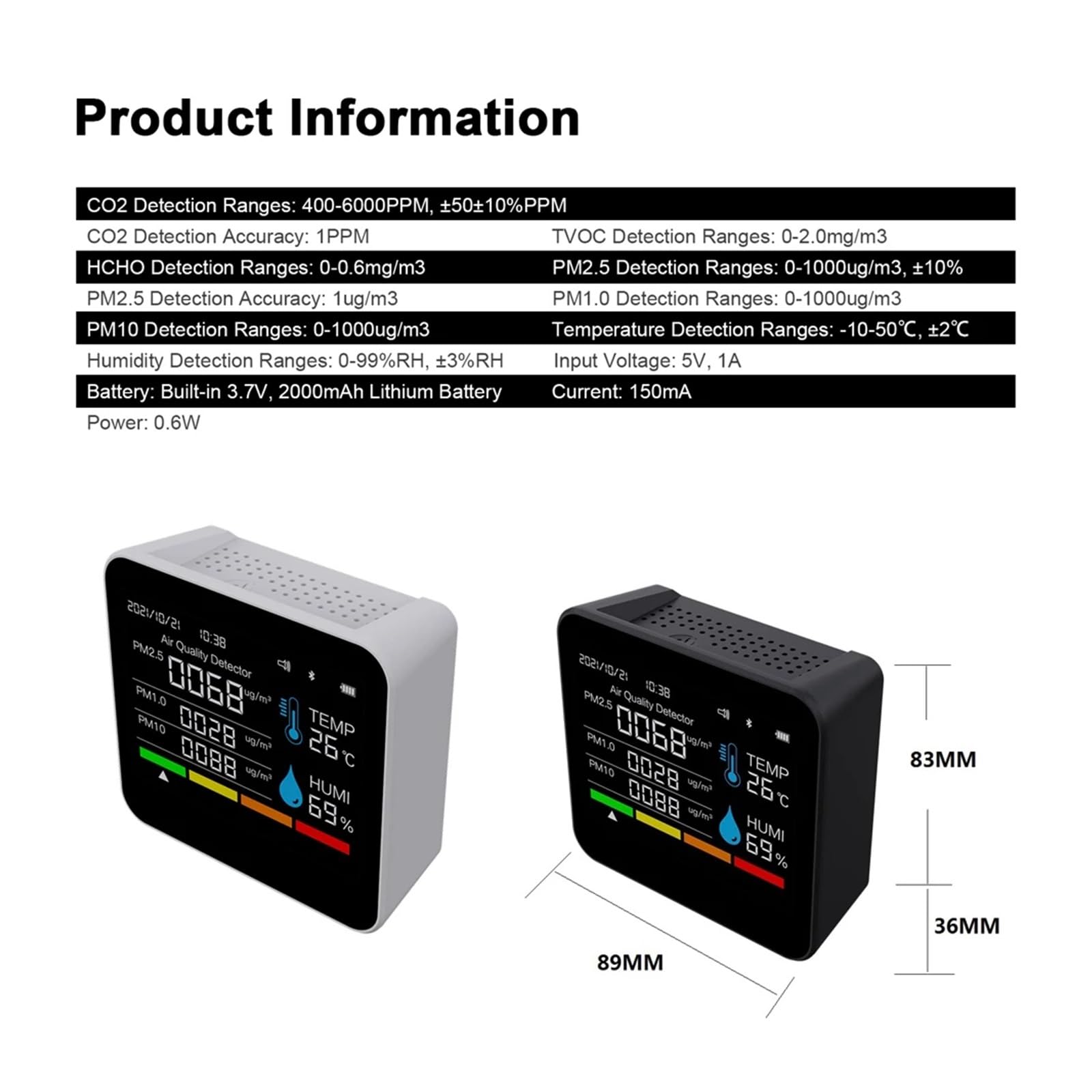 9 In 1 BT Monitor Della Qualità Aria Misuratore Di CO2 Rilevatore Anidride Carbonica Ora/Data TVOC HCHO PM2.5 PM1.0 PM10 Tester Umidità Temperatura(White)