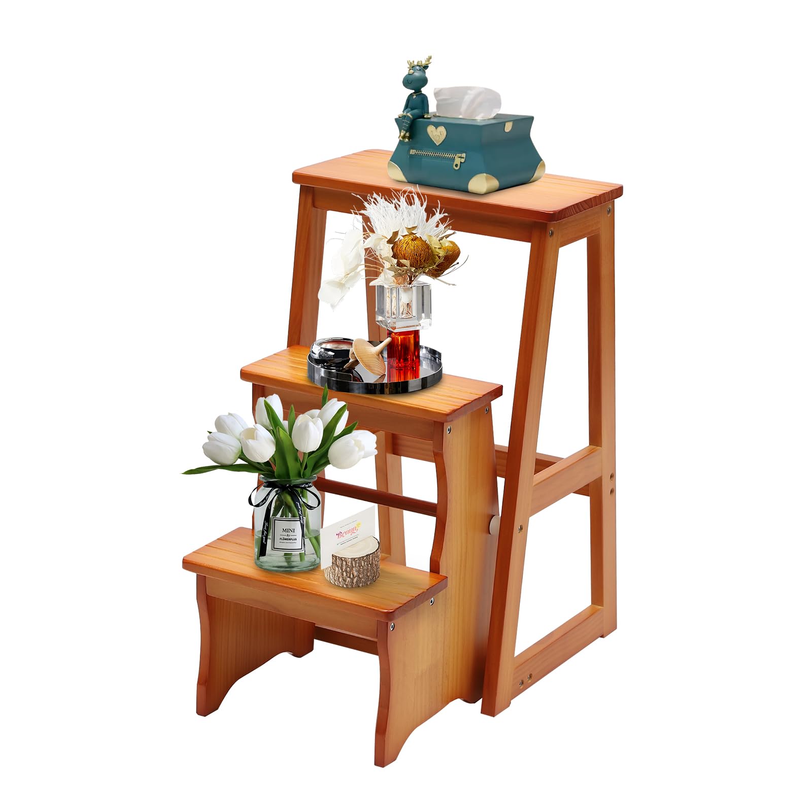 ZHIMIFU 3 Tier Folding Library Ladder Chair,Multi-Functional Wood Step Ladder Portable Folding Solid Wood Step Stool Display Stand and Flower Stand for Home Kitchen Outdoor, 22 * 14.9 * 25.2 Inch