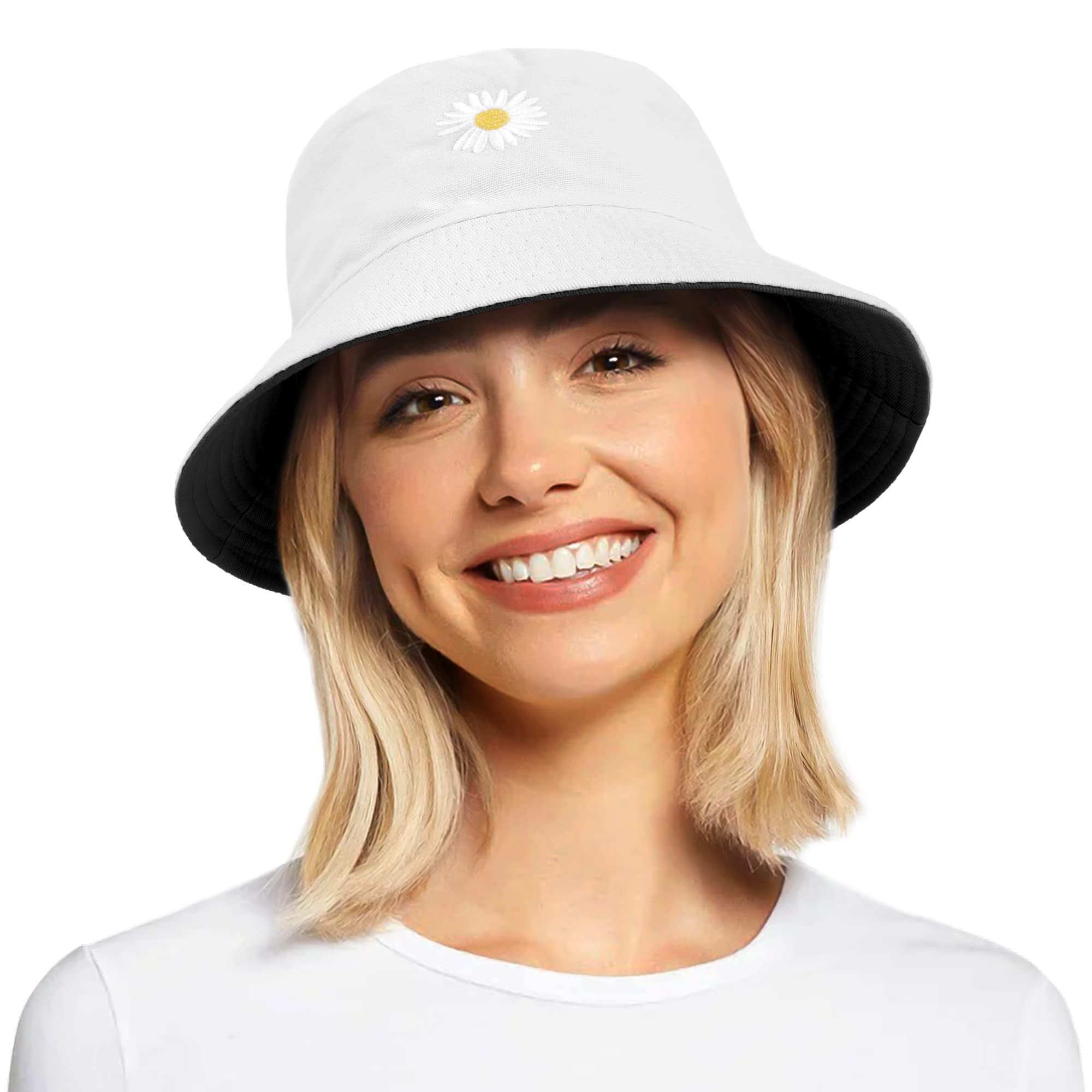 Retailio Bucket Hats Women - Daisy Embroidery Bucket Hat Ladies Summer Fisherman Hat Reversible Cotton Bucket Sun Hats Foldable Double-Side Hat for Teens Girls Travel Outdoor whiteBlack