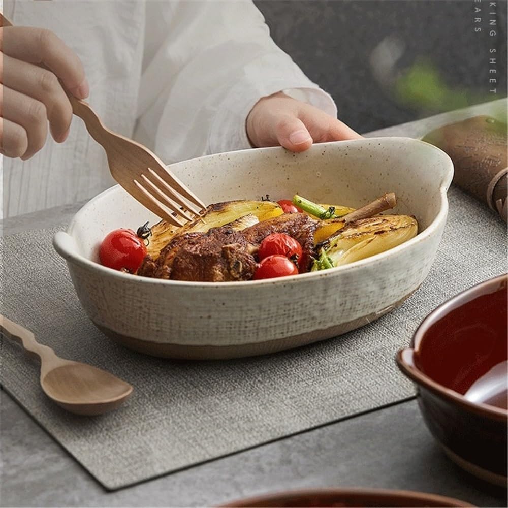 Lasagne Auflaufform 500 ml Keramik-Doppelohr-Teller mit japanischem Retro-Käse und gebackenem Reis, kreative Salatschüssel, rechteckig, grobe Keramikutensilien Auflaufformen(Bruin)