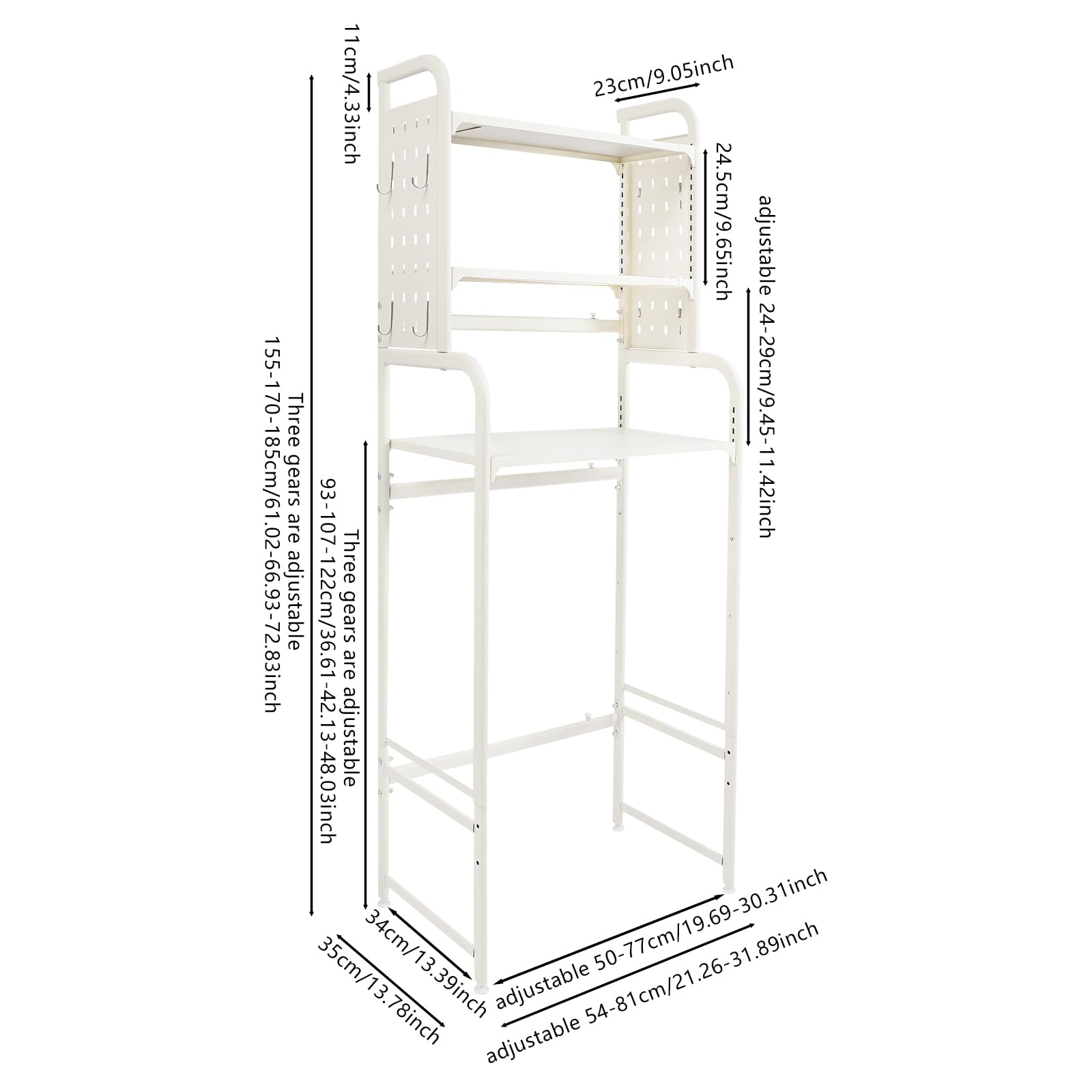 Scaffale per lavatrice a 3 ripiani, lunghezza 54-81 cm, organizer sopra il WC, con ganci e tappetini antiscivolo (bianco)