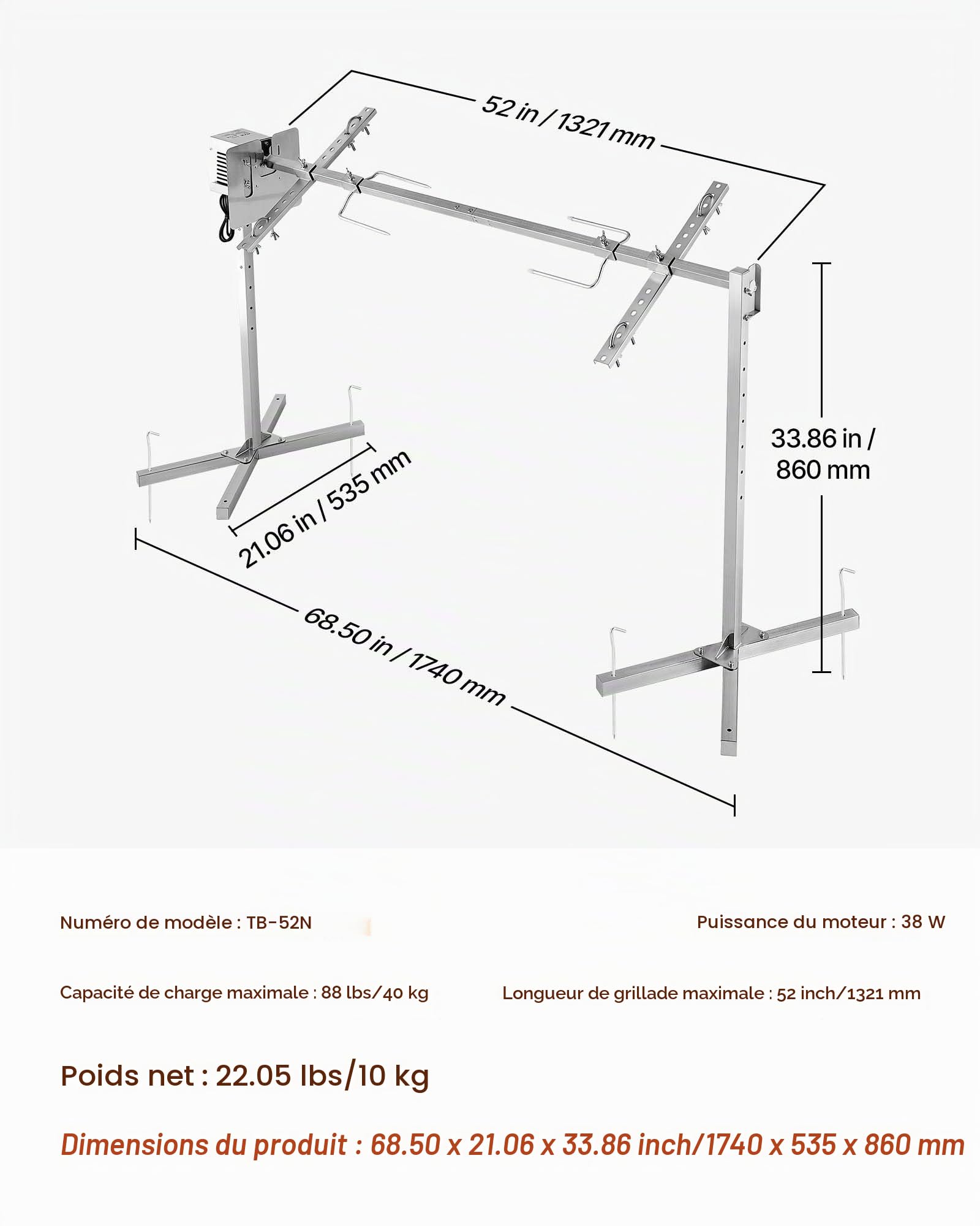 VEVOR Barbecue Rôtissoire Capacité de Charge de 40 kg, Kit de Tournebroche Électrique à 8 Niveaux de Hauteur, Moteur Automatique 38 W, Fourchette en Acier Inoxydable, pour Agneau Porcelet, Fête