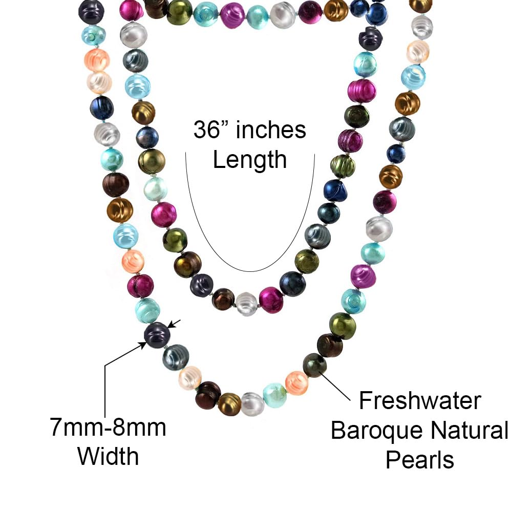 Savlano 7-8MM Cultured Freshwater Baroque Natural Pearl Bead Necklace- 36”-inch Long Single Strand Pearl Necklace, For Women Comes with Gift Box