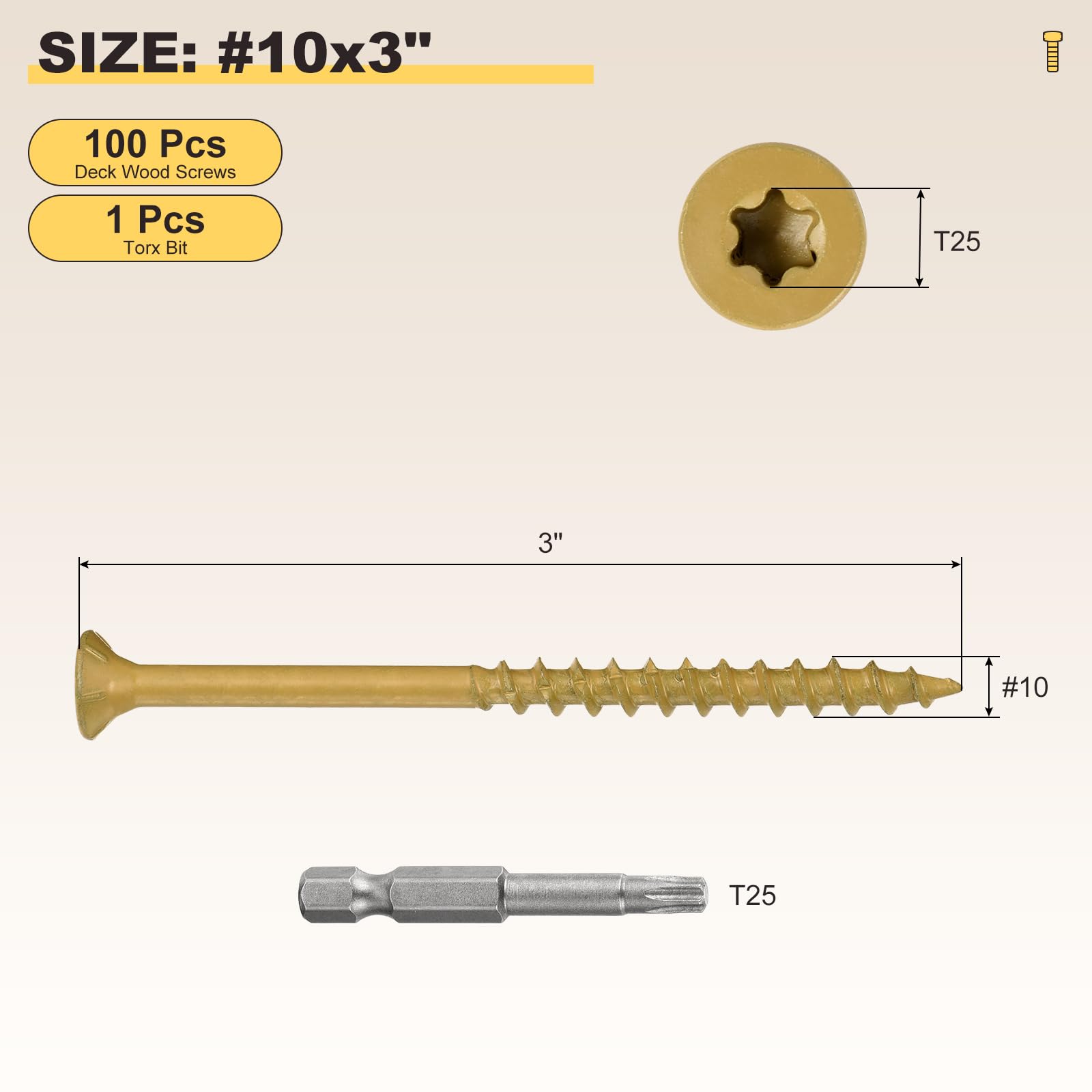 METALLIXITY Deck Screws (#10x3") 100Pcs, Carbon Steel Wood Screw Decking Screws Epoxy Coated with T25 Torx Drive Head - Image 2