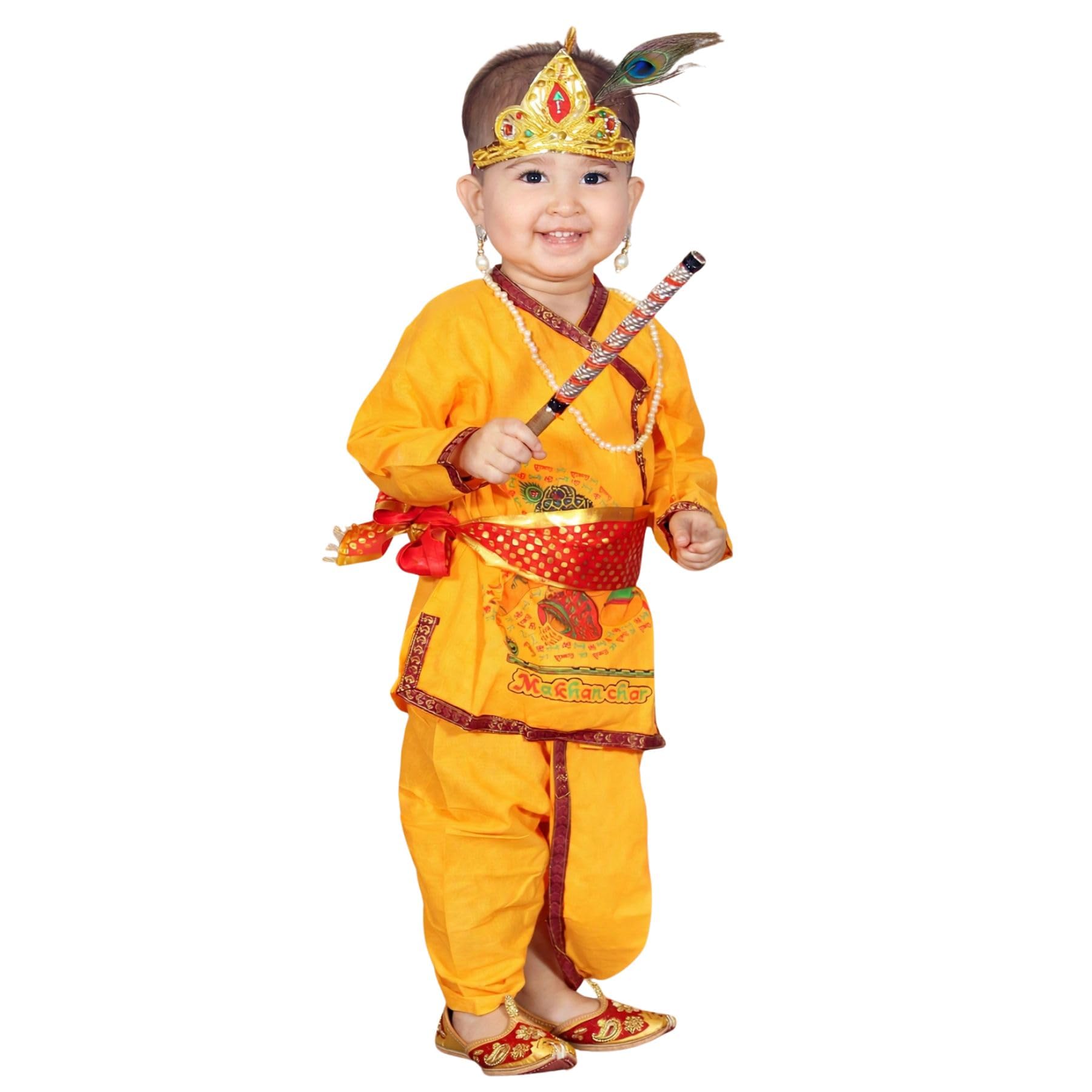 Kaku Fancy Dresses Krishna Costume for Kids, Baby Krishna Dress for Janmashtami, Bal Krishna Dhoti Set, Krishnaleela Costume, Infant Bal Gopal, Krishna Fancy Dress Costume for Boys/Girls