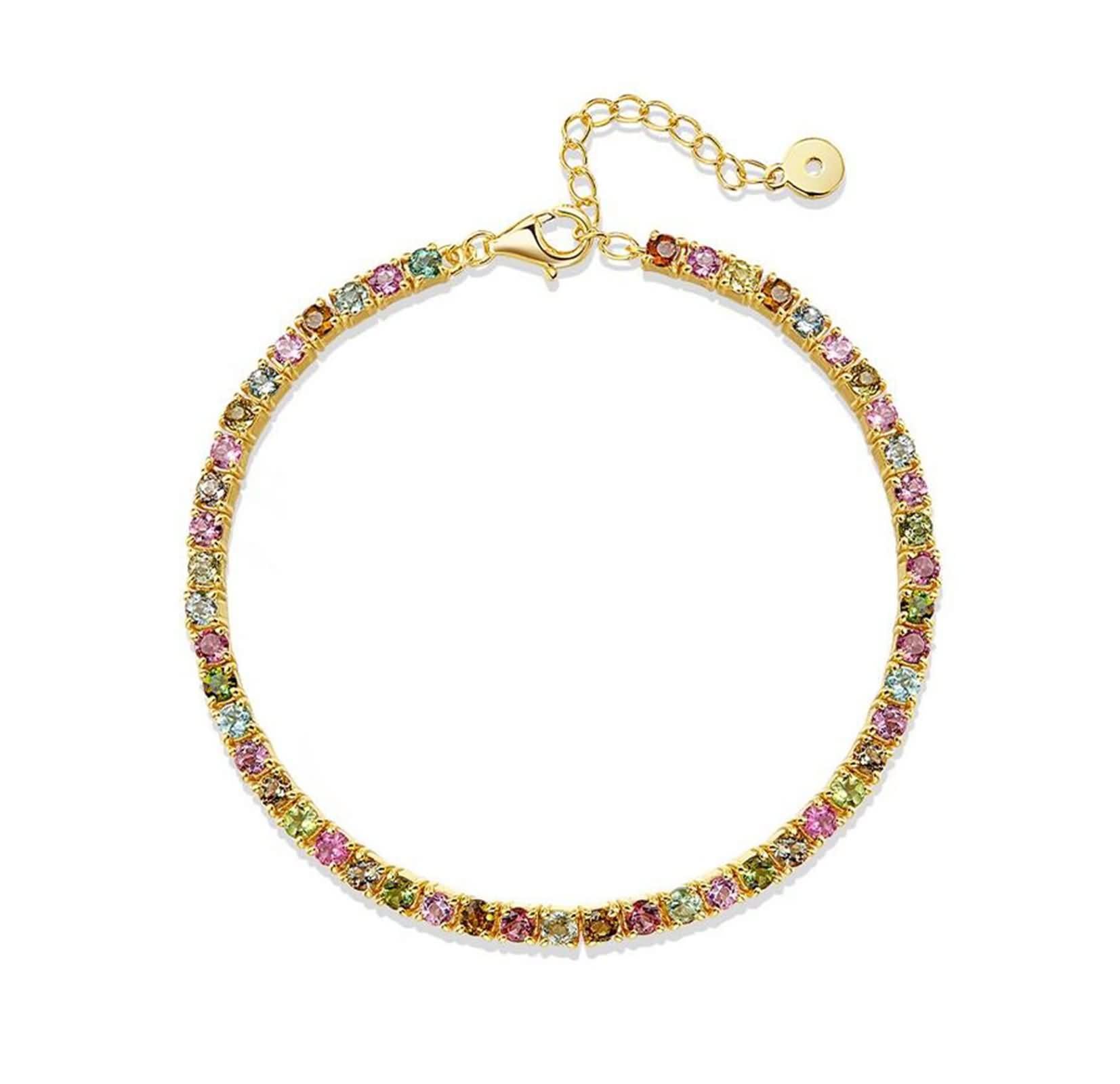 Pulseras de Mujer de Oro Amarillo 9K / 14K / 18K, Redondo con Turmalina Multicolor de 3,3 ct, Cadena Extensible 16 CM + 5 CM, Pulseras de Mujer de Oro Colorido