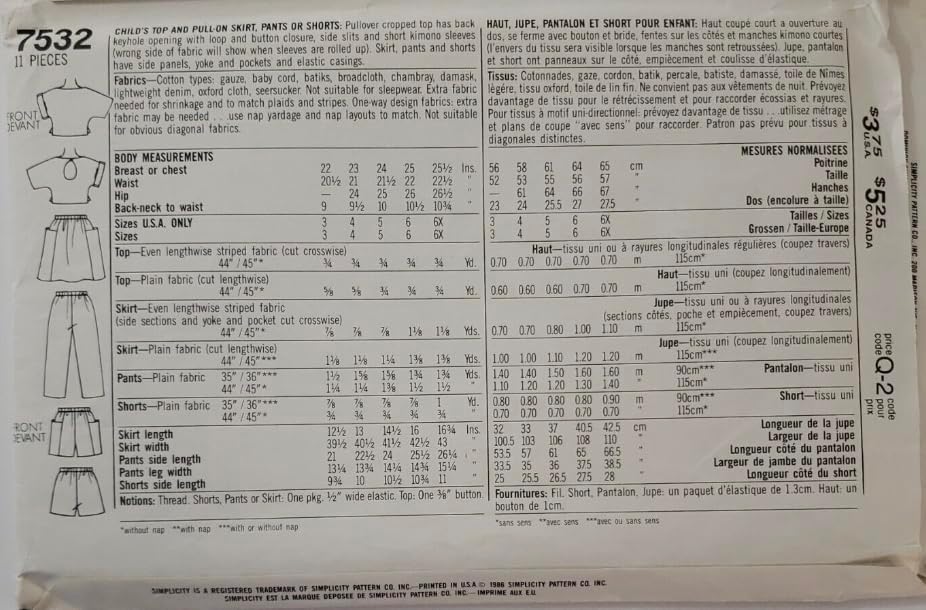 Miniatura 2 de Simplicity 7532 Child's Top and Pull-on Skirt, Pants or Shorts Sewing Pattern Sizes 5-6-6x