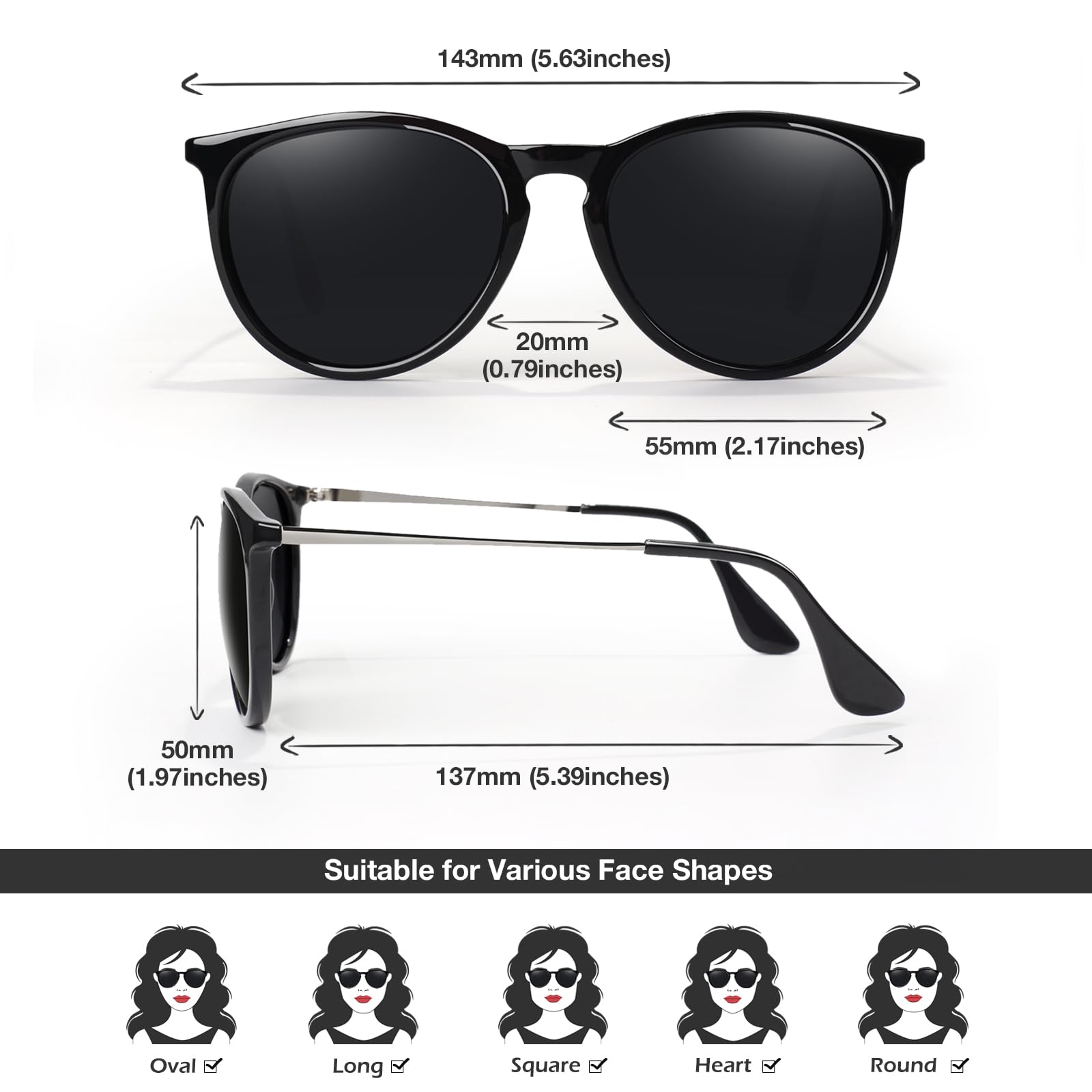LINVO Lunettes de Soleil Femme Homme Polarisées Protection UV400 Rétro Style Lunettes de Soleil Ronde