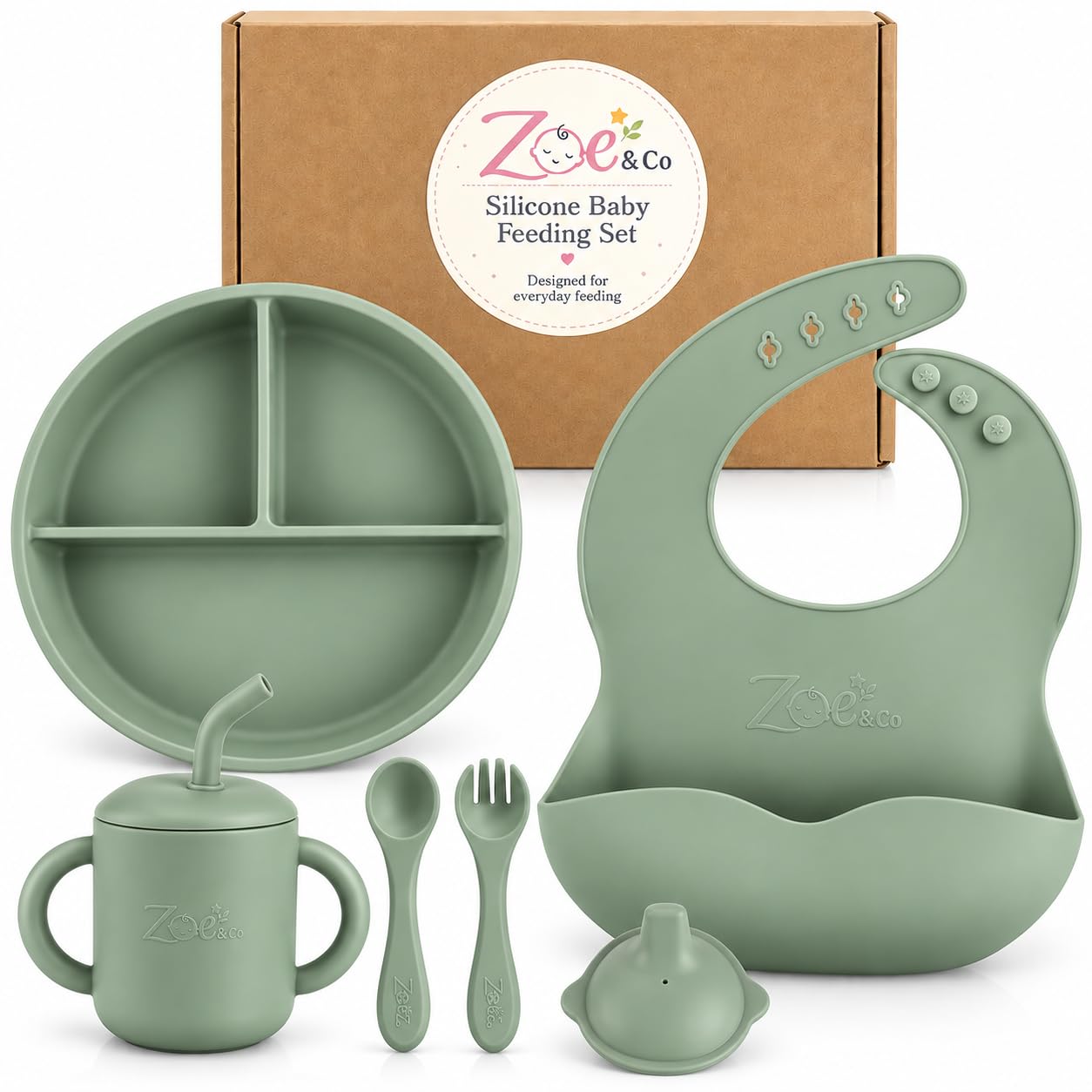 Zoe & Co Silicone Baby Feeding Set, Baby Weaning Set, BPA Free - Sage Green