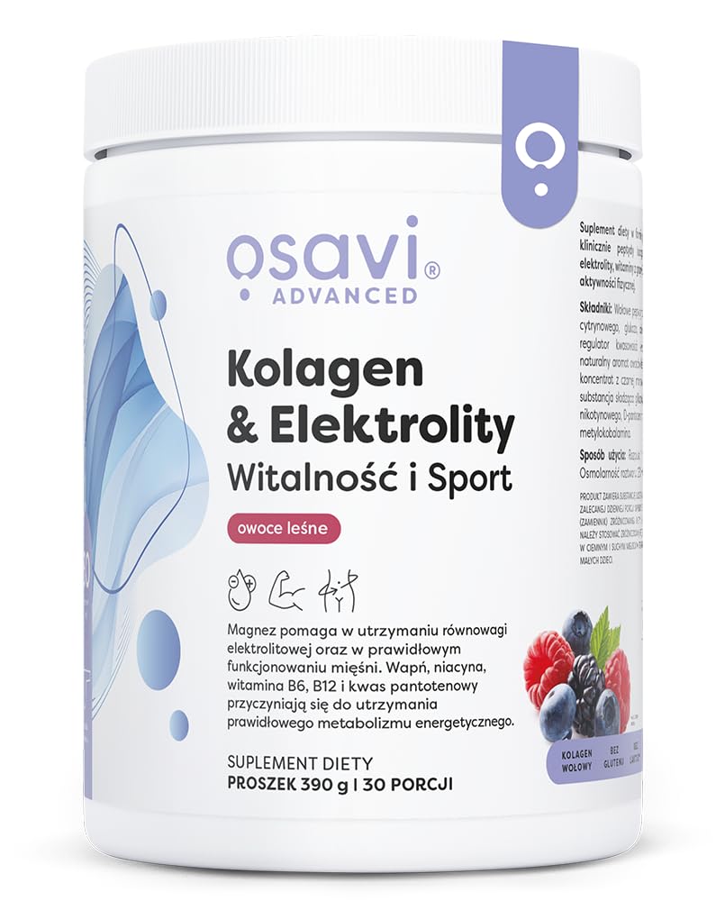 Osavi Kolagen & Elektrolity Witalność i Sport – 390 g proszku | Smak owoce leśne | Peptydy kolagenowe TENDOFORTE® | 5 elektrolitów + witaminy B | Aquamin Mg® | Wsparcie podczas aktywności fizycznej