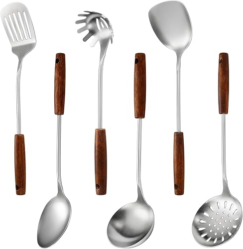 Miniatura 12 de Juego de utensilios de cocina de acero inoxidable 304, juego de 4 utensilios de cocina largos con mango de madera, herramientas de cocina grandes