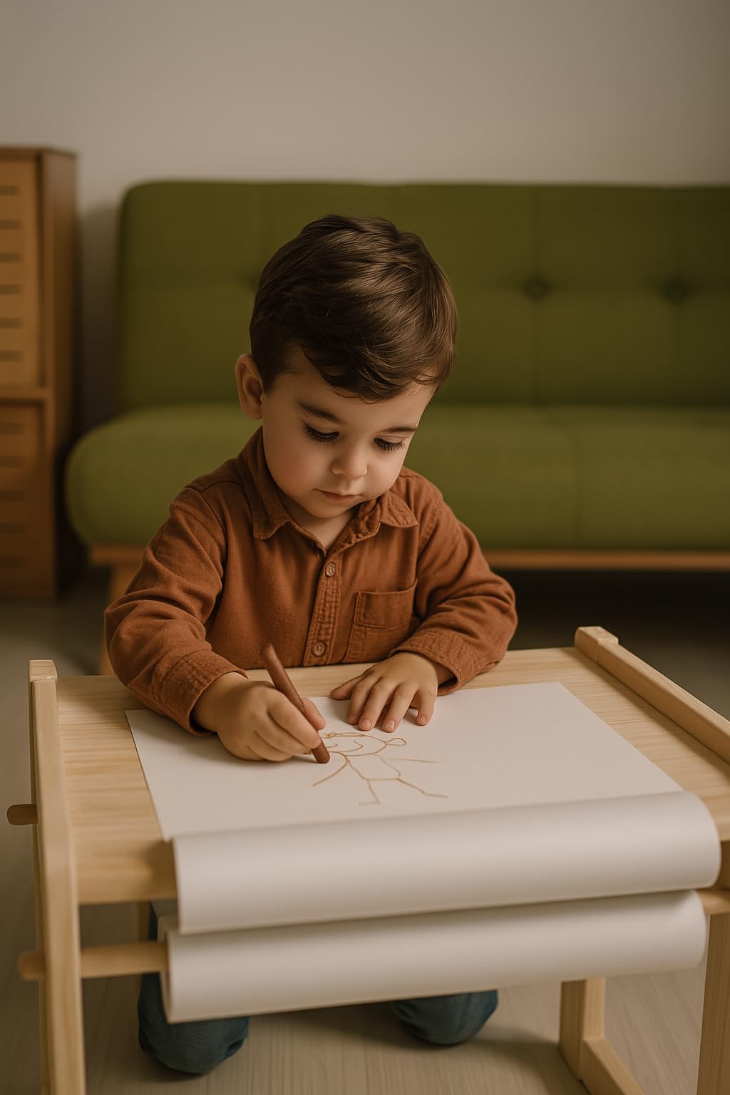 Mesa Infantil Montessori con Rollo de Papel EthosWood® | Escritorio de Madera Natural Barnizada | Seguro y Ergonómico | Ideal para Dibujar, Pintar, Estudiar y Jugar | Hecha en España