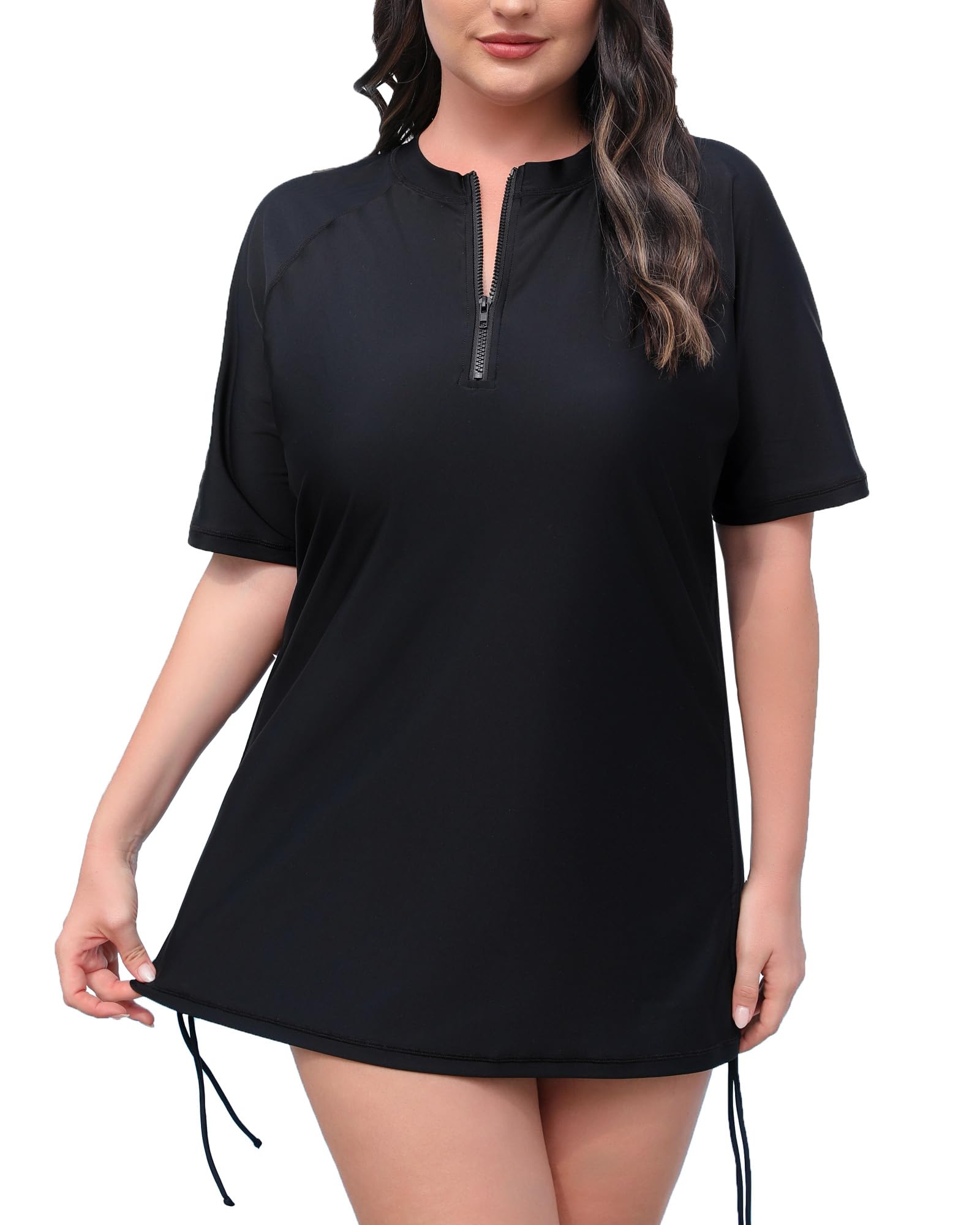 Halcurt Camiseta de natación para Mujer, Talla Grande, con protección UV, Manga Corta, Negro (Negro 3), XL Große Größen