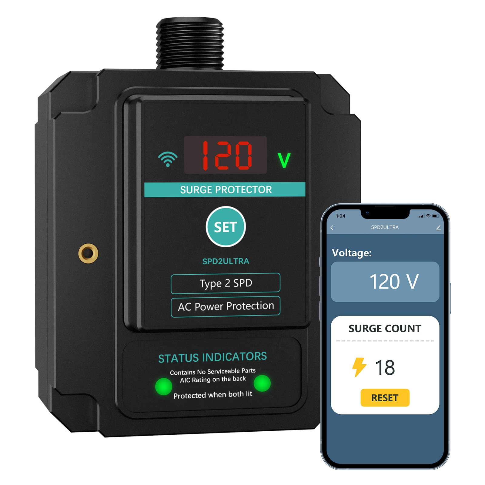 WiFi Whole House Surge Protector,108,000 Amps/Phase, 2820 Joules (Total), Thermally Protected Metal Oxide Varistors,Surge Times,Check Surge Times and Voltage by Smart Phone