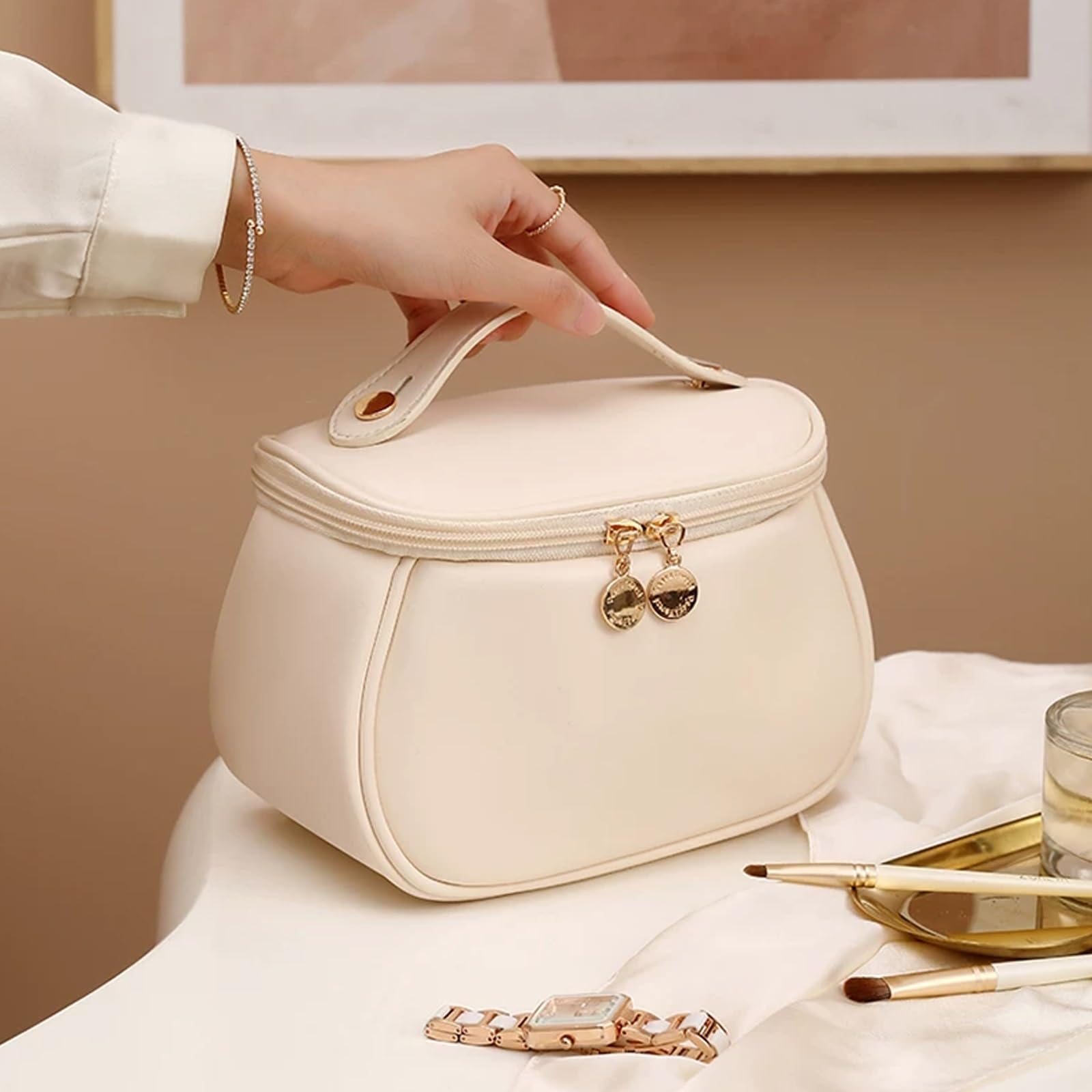 Beauty Case da Viaggio per Donna, Borsa da Toilette e Trousse Appendere, Ideale per Articoli Toilette, Accessori e Pennelli, Organizzazione Verticale, Struttura a Più Livelli(Pink)