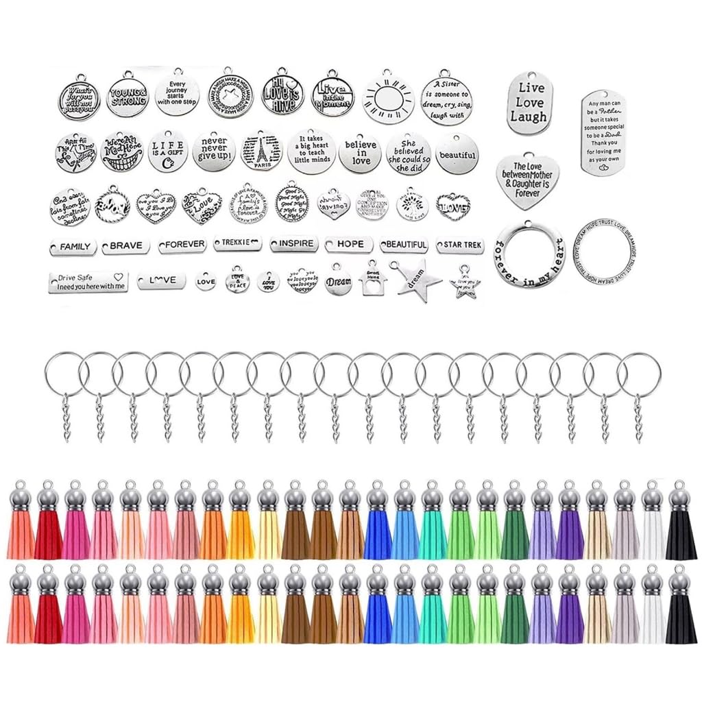 Xinsheinelry Beadable Keychain Making Kits Stylish Keyring Set with Inspirational Charm and Leather Fringes Jewelry Crafting