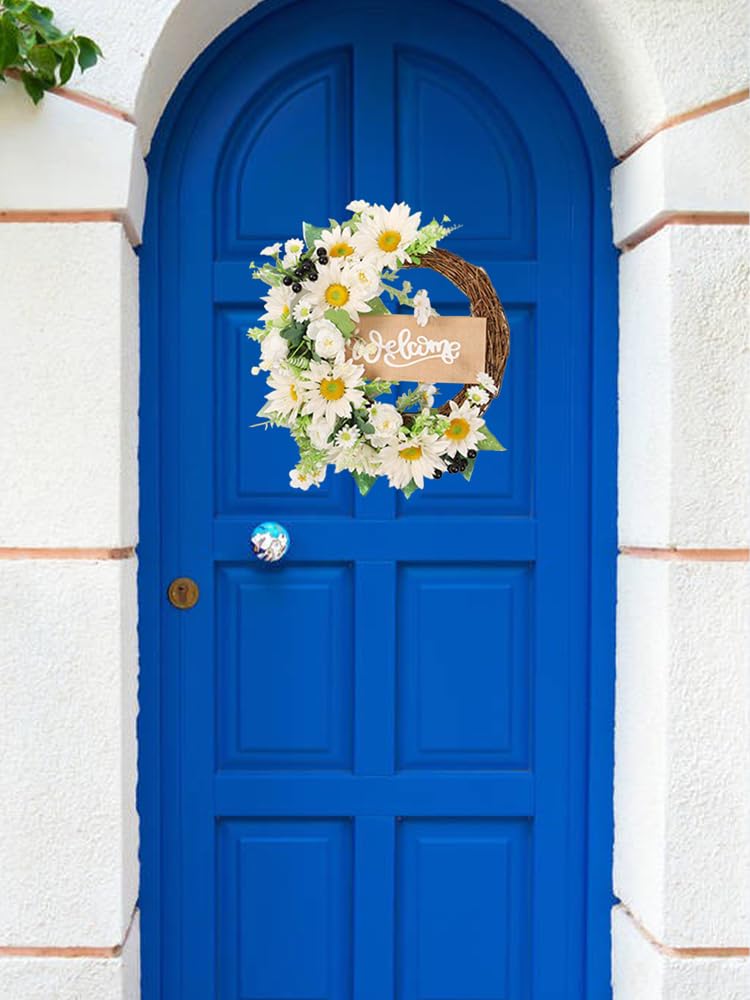 Ghirlanda di Girasoli Artificiali, Ghirlande Estive per la Decorazione della Porta D'ingresso, 15,7 Pollici Ghirlande Primaverili Estive di Girasole Bianco con Cartello di Benvenuto per la Parete Dell