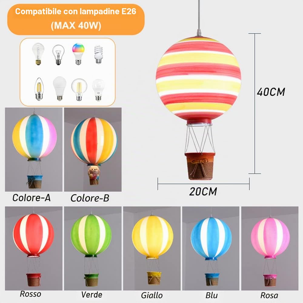Lampada da soffitto Lampadari a sospensione a forma di mongolfiera, Decorazione boutique Lampada a sospensione a soffitto per camera da letto per ragazzi/ragazze Paralume in acrilico, Lampada a