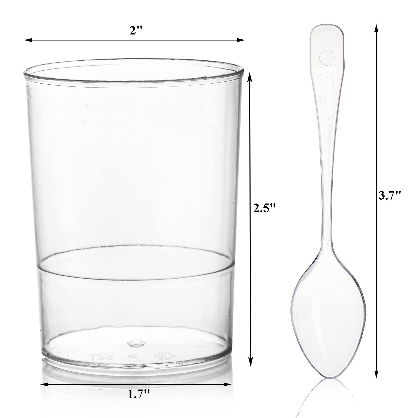 Okllen 100 Stück Mini-Dessertbecher mit Löffeln, 85 ml, runde Schnapsbecher aus Kunststoff, Dessert-Shooter, Vorspeise, Parfait Becher, Schnapsgläser für Schokolade, Puddings, Verkostungsparty
