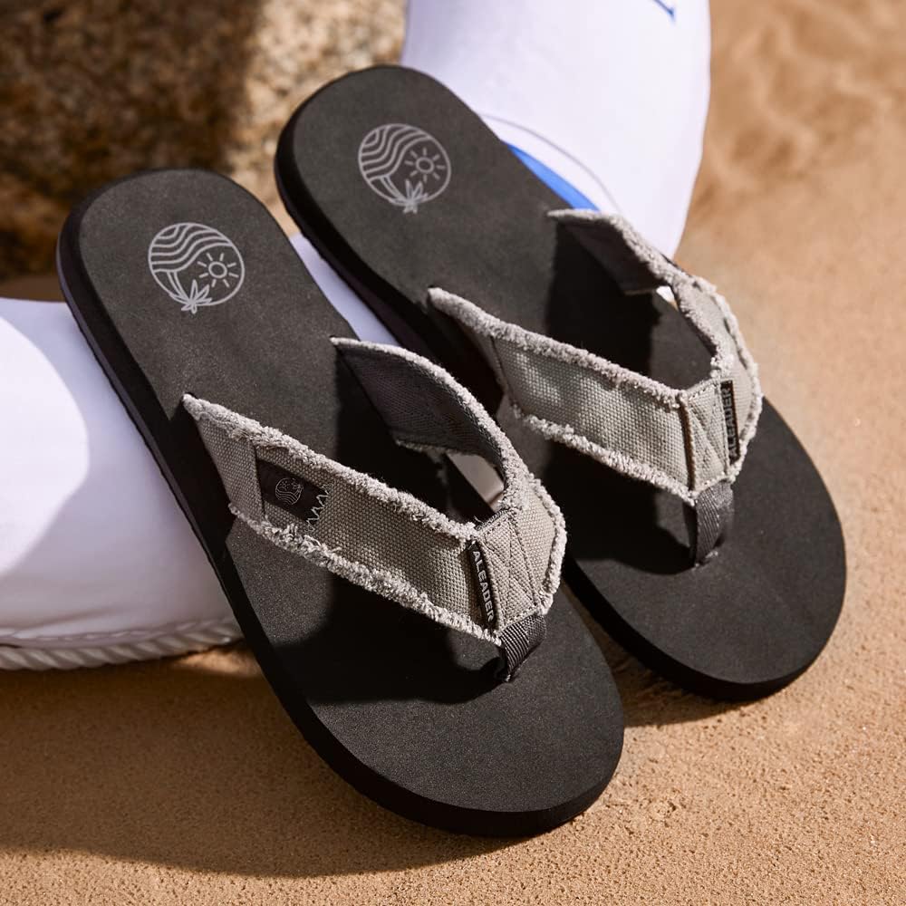 ALEADER Mens Canvas Flip Flops, Beach Thong Sandals, Lightweight & Comfort