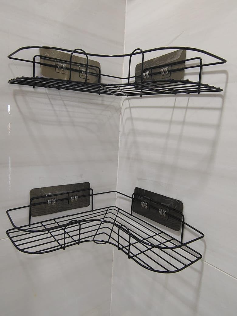 Generic 2 Pack Corner Shower Caddy, Modern Compact Black Shower Shelves with 2 Hooks, No Drilling, Space-Saving, Bathroom Organizers and Storage Racks, Wall Mount, Adhesive, 10.55" x 10.94" x 5.74"