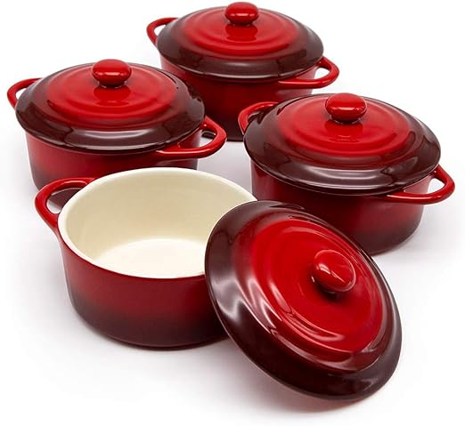 Kook Ceramic Mini Cocotte Set, Small Casserole Dishes with Lids and Handles, Individual Baking Ramekins, Oven, Microwave & Dishwasher Safe, Stoneware, 12 oz, Set of 4, Crimson Ombre