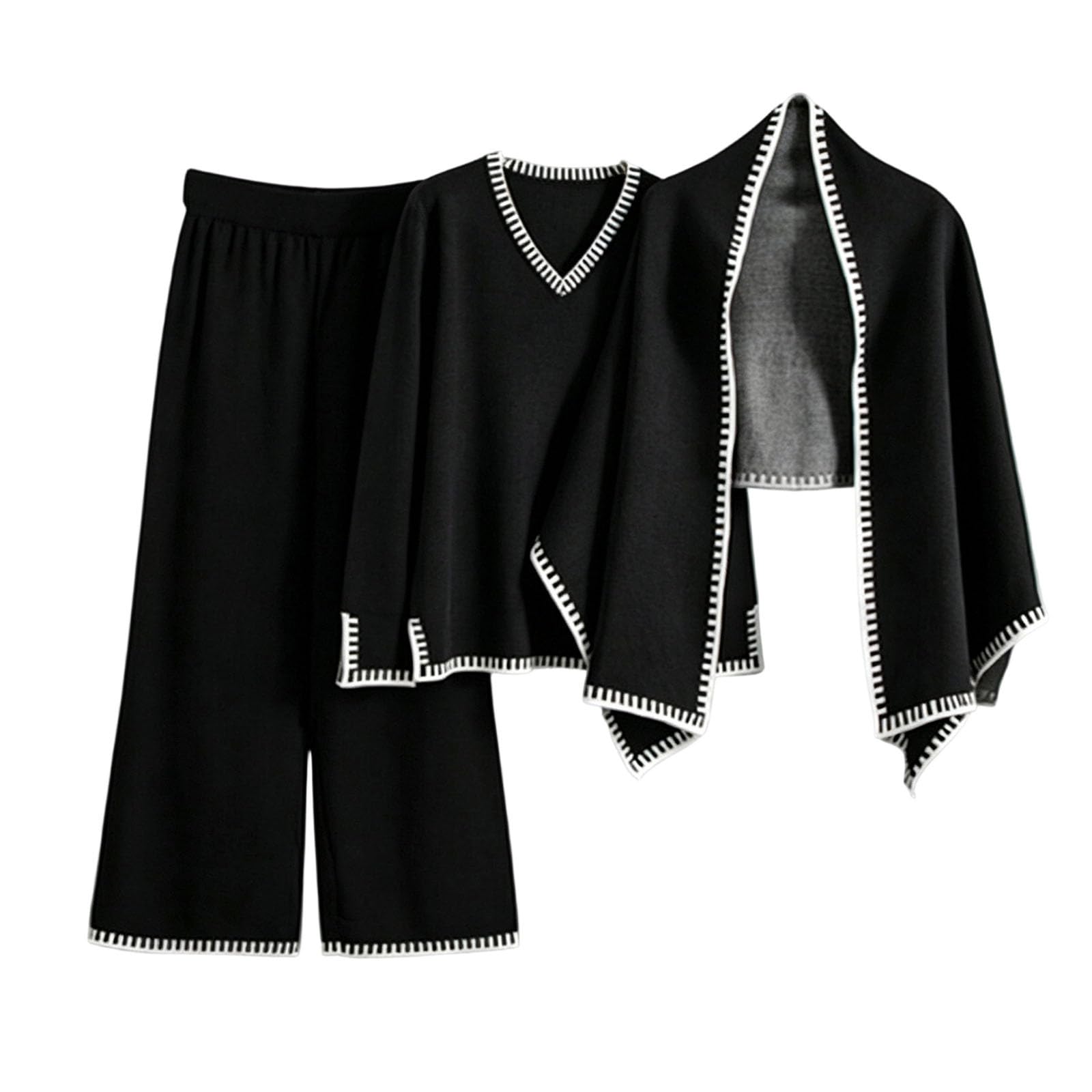 Set da salotto da donna 3 pezzi abiti da viaggio lavorati a maglia a maniche lunghe con scollo a V maglione top gamba larga pantaloni lunghi mantello a pipistrello casual tute larghe eleganti