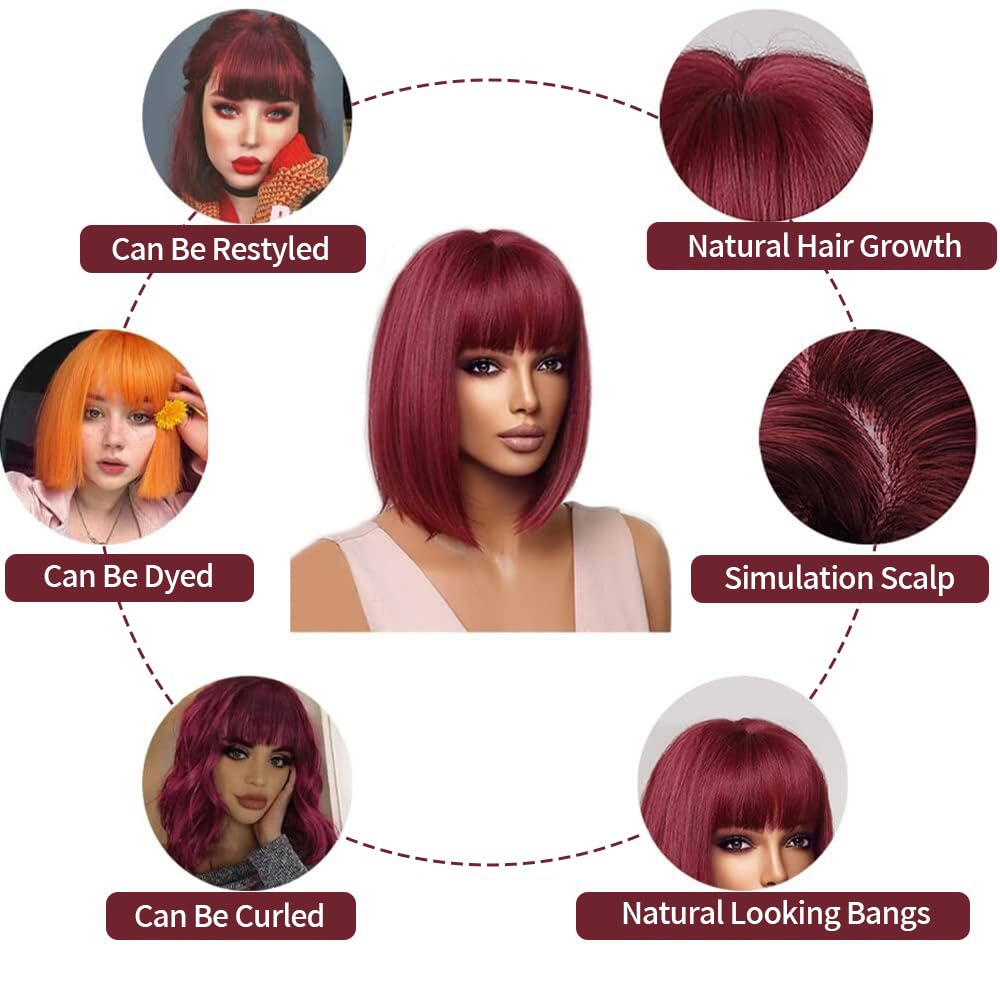 Datanala 99j Straight Short Wine Red Bob Wig with Bangs Human Hair 3x1 HD Lace Top Glueless Wigs Blunt Cut Silk Bob Wig Wear and Go 180% Density Bob Wig with Bangs (12Inch) - Image 3