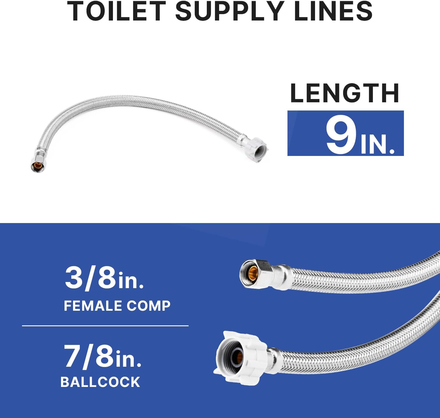 WMAXPFIT(2 Pack) 9 Inch Toilet Water Supply Line 3/8 Inch Female Comp. x 7/8 Inch Female Ballcock, Toilet Flexible Water Connector Hose, Stainless Steel Braided Water Supply Line (9 INCHES)