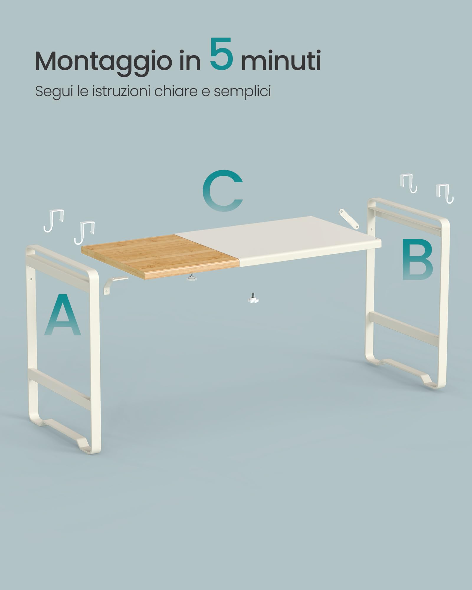 SONGMICS Mensola Microonde Estensibile, Scaffale Supporto Forno a Microonde, Larghezza Regolabile da 41,5 a 64 cm, Cucina, Acciaio e Bambù, 4 Ganci, Bianco Crema e Bambù Chiaro KCS060W01