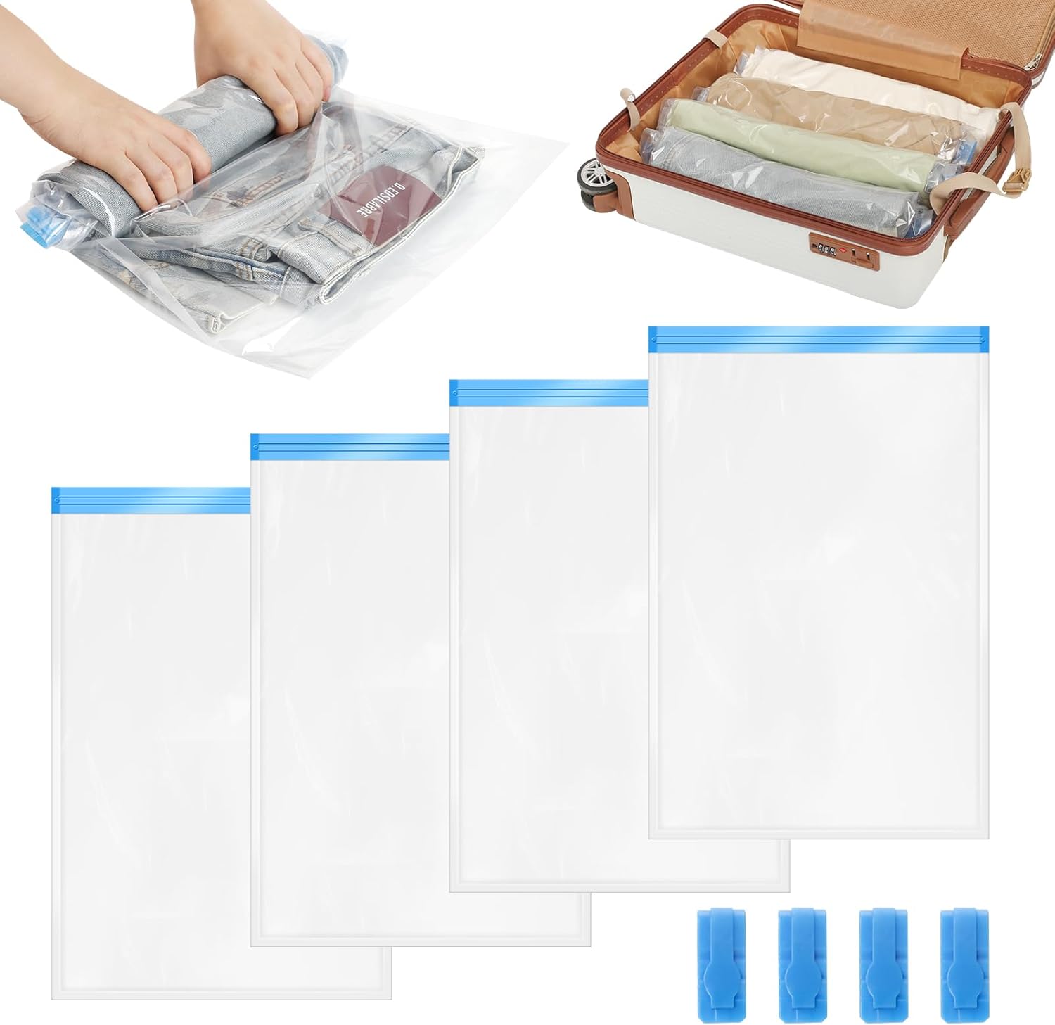 4 Piece Vacuum Bag for Travel Luggage with 4 Sealing Clips, Vacuum Bag for Space Saving Clothing Storage Compression Hand Rolled Vacuum Bag for Mattress Duvets 4 Piece Vacuum Bag for Travel Luggage with 4 Sealing Clips, Vacuum Bag for Space Saving Clothing Storage Compression Hand Rolled Vacuum Bag for Mattress Duvets