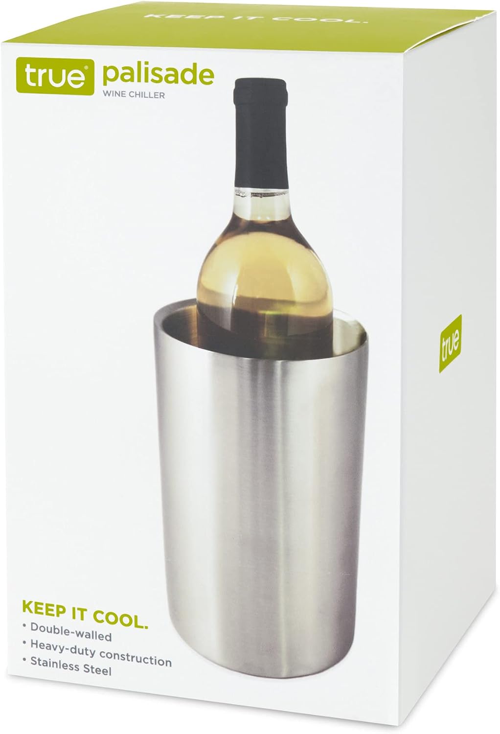 True Cellar Wine Chiller, Double Walled Stainless Steel Bottle Chiller, No Ice Needed, Fits Standard Bottles, Silver, Set of 1