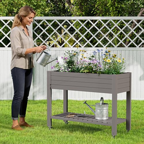 WTFGO 33.7" Tall Raised Garden Bed with Wheels, Divisible Resin Planter Box with Drainage Gauge & Storage Shelf, Herb Planter for Garden Patio Backyard, Light Brown (33.7" h) — view 3
